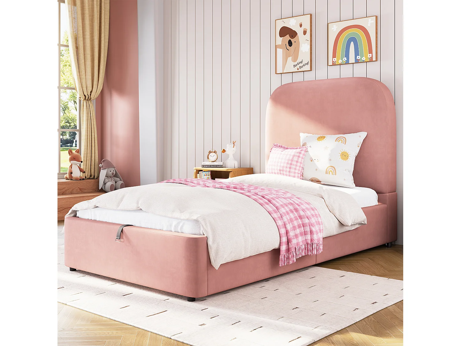 Children's storage bed 90x200cm - with padded headboard - with storage space - Velvet - Pink (mattress not included)