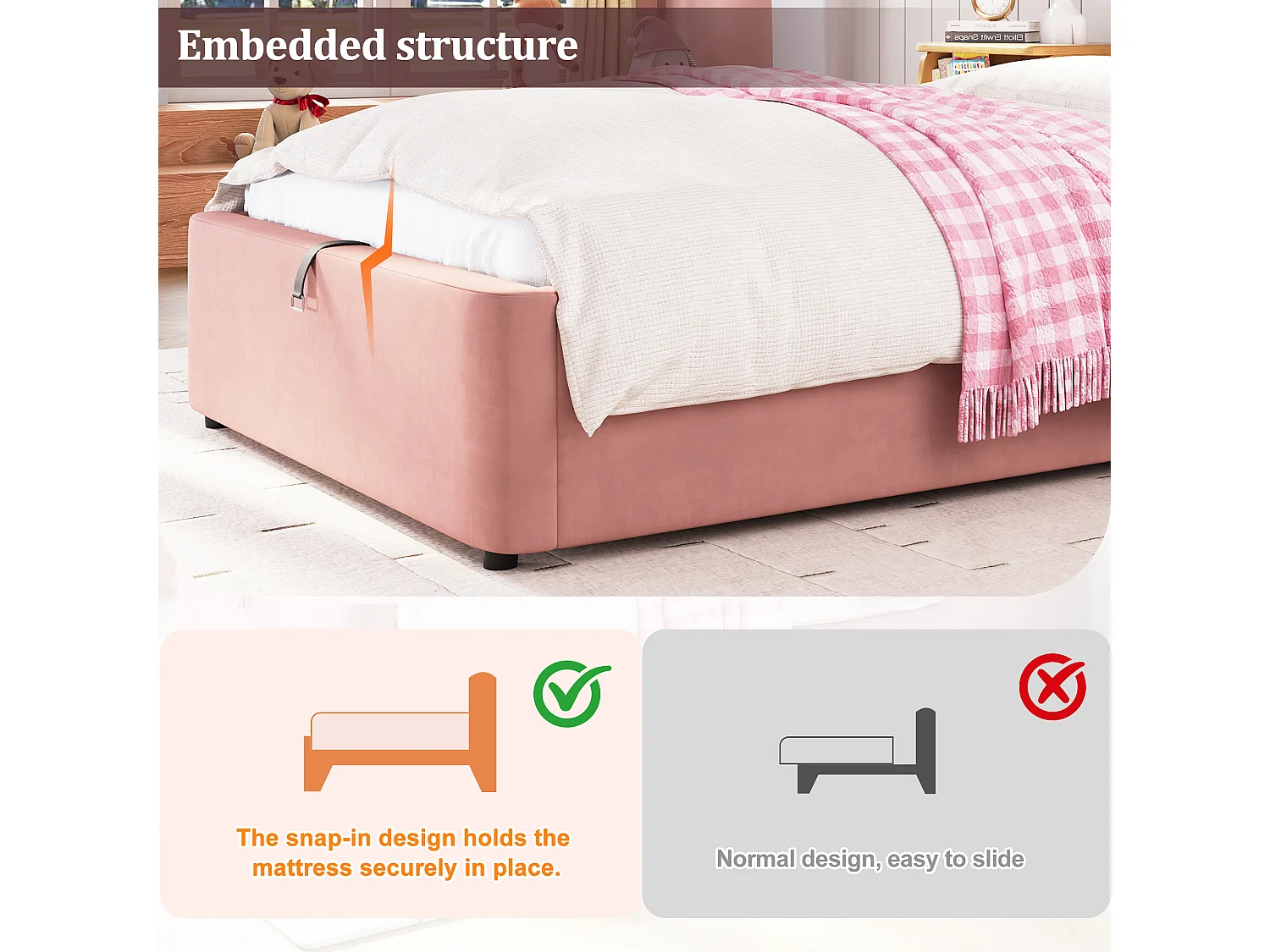 Children's storage bed 90x200cm - with padded headboard - with storage space - Velvet - Pink (mattress not included)