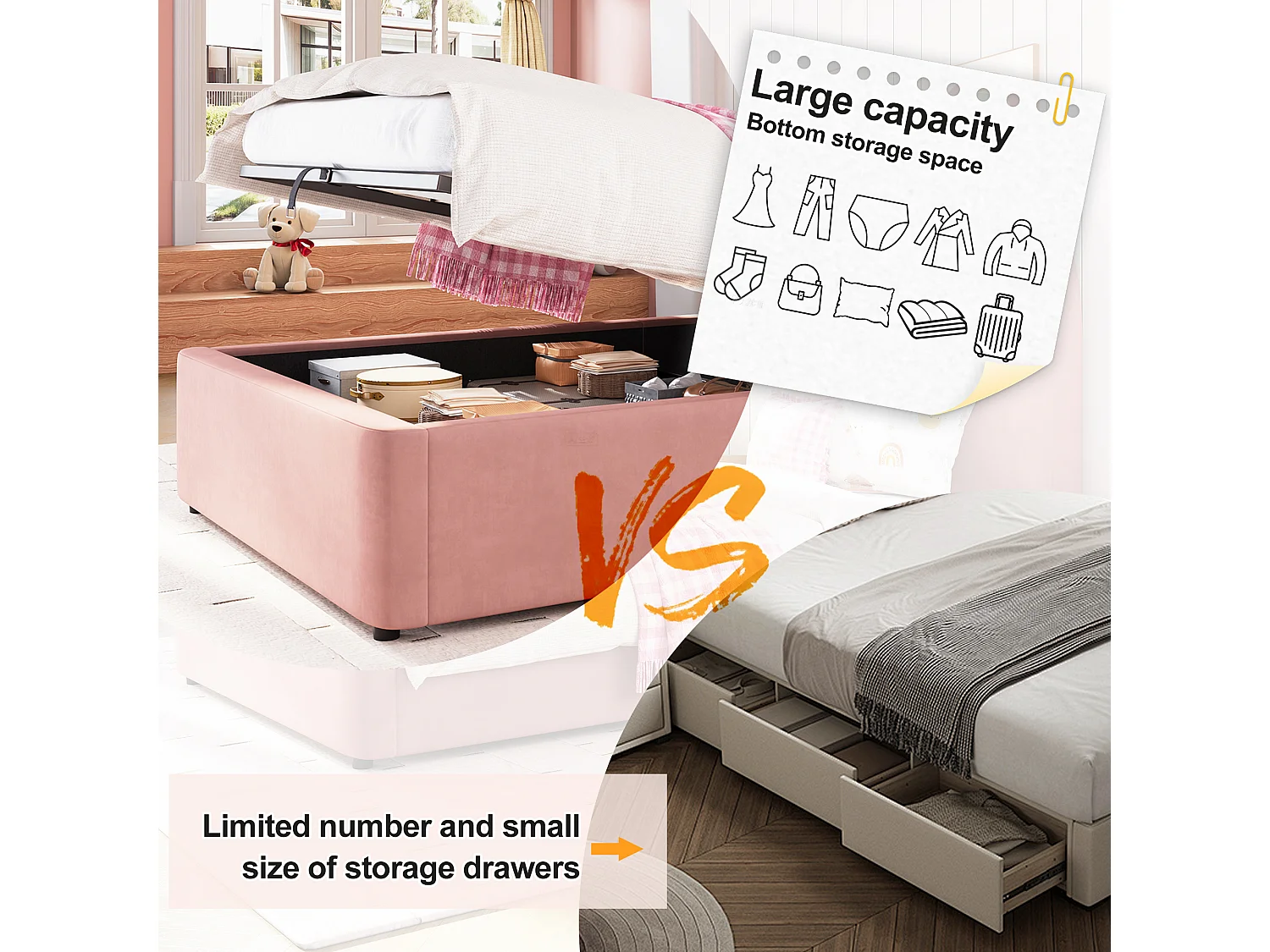 Children's storage bed 90x200cm - with padded headboard - with storage space - Velvet - Pink (mattress not included)