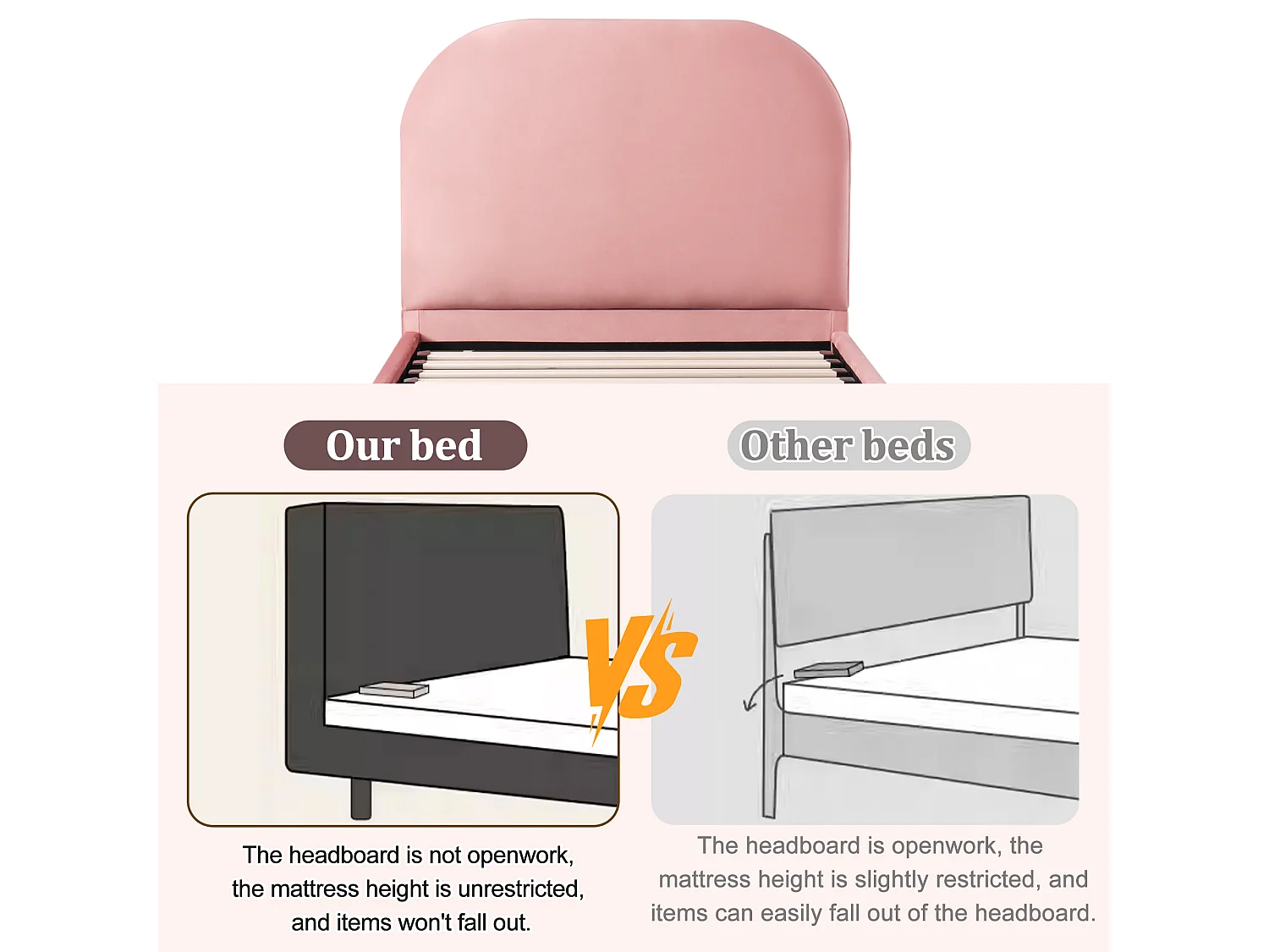 Children's storage bed 90x200cm - with padded headboard - with storage space - Velvet - Pink (mattress not included)