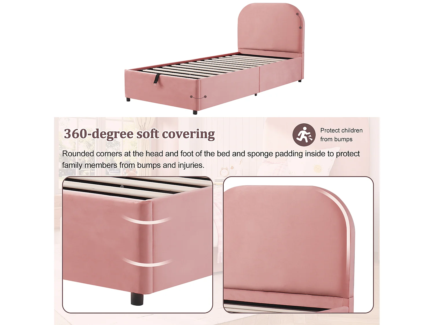 Children's storage bed 90x200cm - with padded headboard - with storage space - Velvet - Pink (mattress not included)