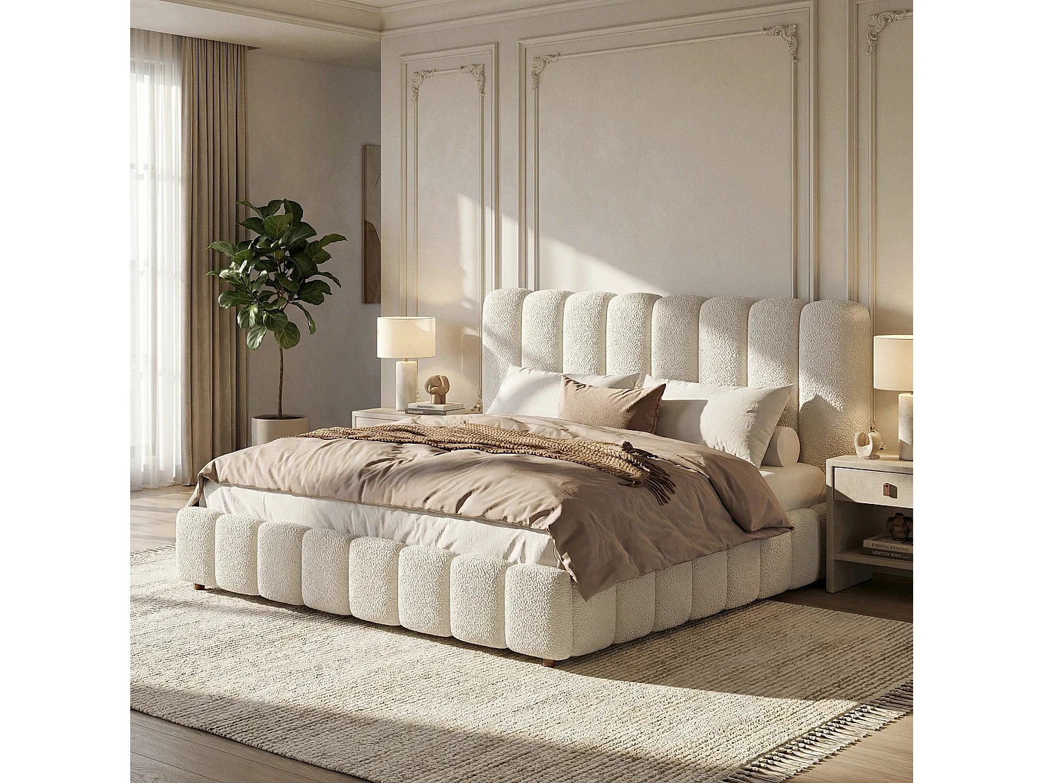 Upholstered storage bed 150x200cm - with slatted base - Bouclé fabric - White (mattress not included)