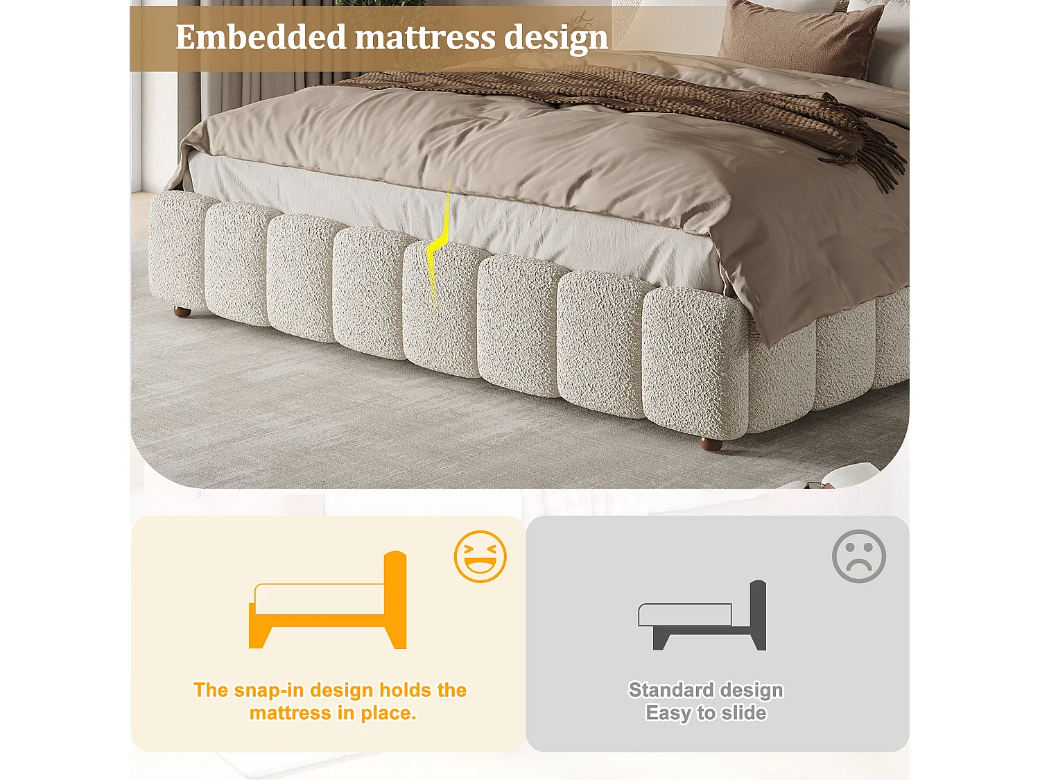 Upholstered storage bed 150x200cm - with slatted base - Bouclé fabric - White (mattress not included)