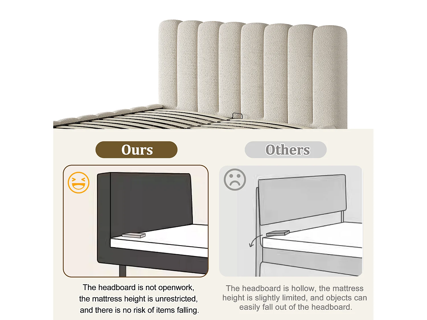 Upholstered storage bed 150x200cm - with slatted base - Bouclé fabric - White (mattress not included)