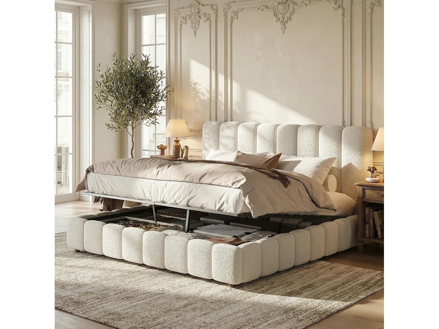 Upholstered storage bed 150x200cm - with slatted base - Bouclé fabric - White (mattress not included)