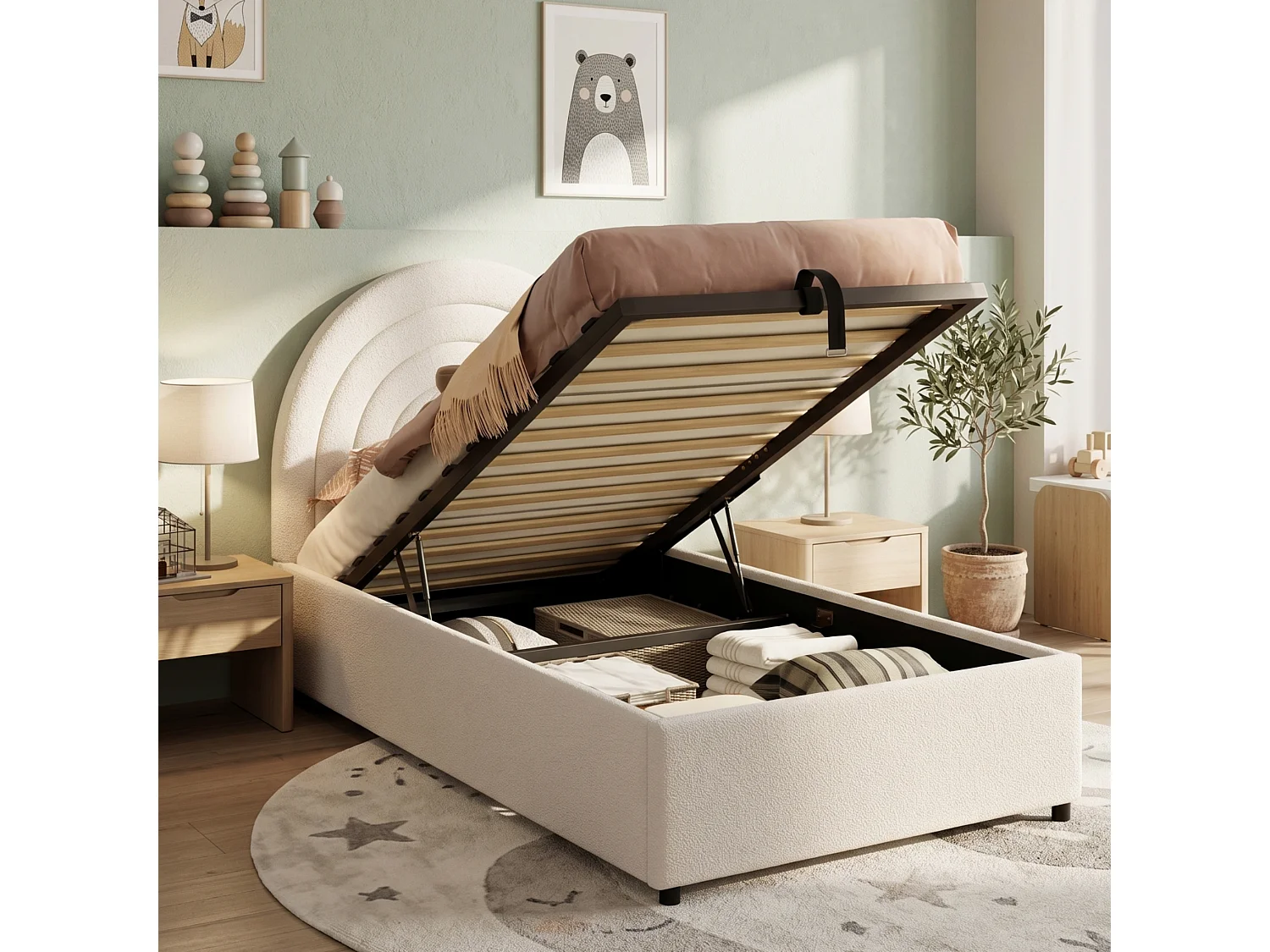 Children's Storage Bed 90x200cm - Rainbow Headboard - Bouclé Velvet - Beige (Mattress not included)