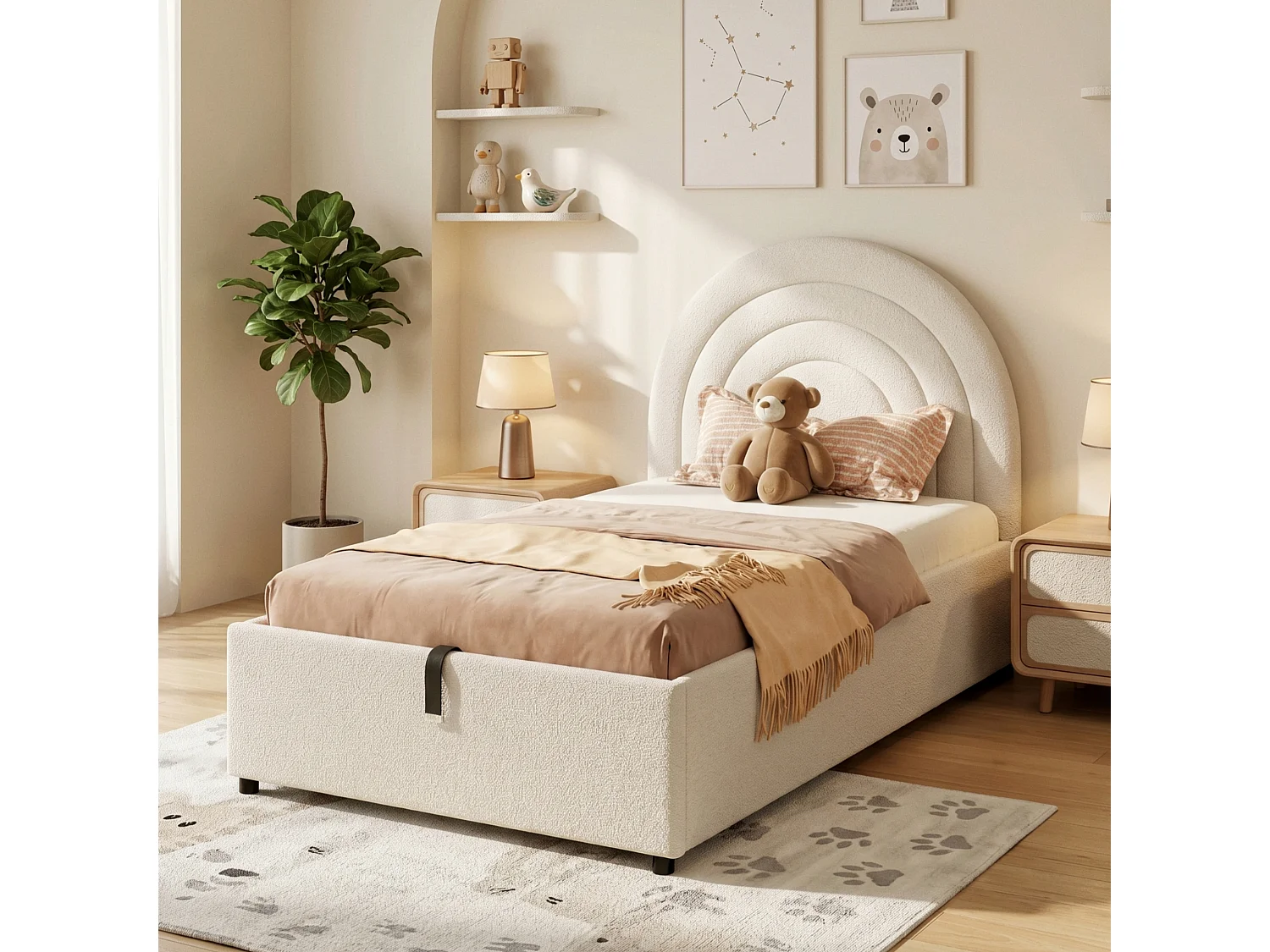 Children's Storage Bed 90x200cm - Rainbow Headboard - Bouclé Velvet - Beige (Mattress not included)