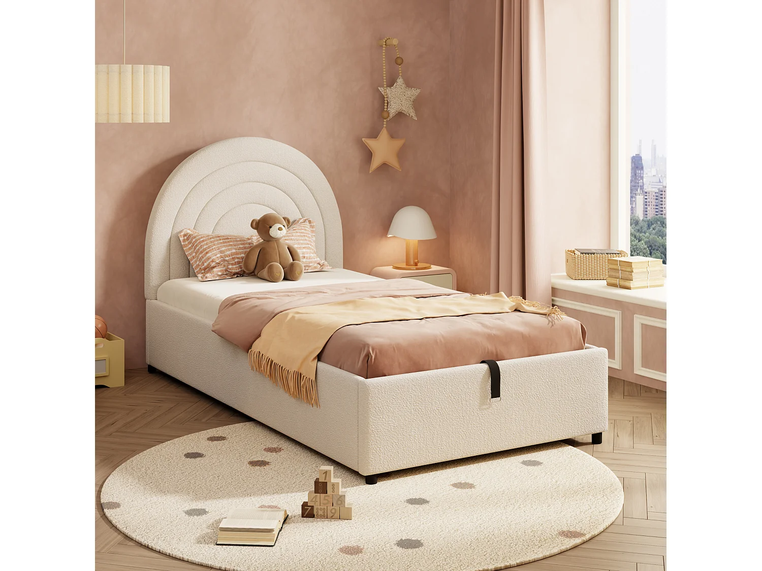 Children's Storage Bed 90x200cm - Rainbow Headboard - Bouclé Velvet - Beige (Mattress not included)