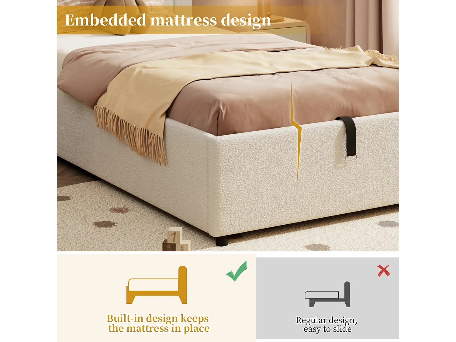 Children's Storage Bed 90x200cm - Rainbow Headboard - Bouclé Velvet - Beige (Mattress not included)