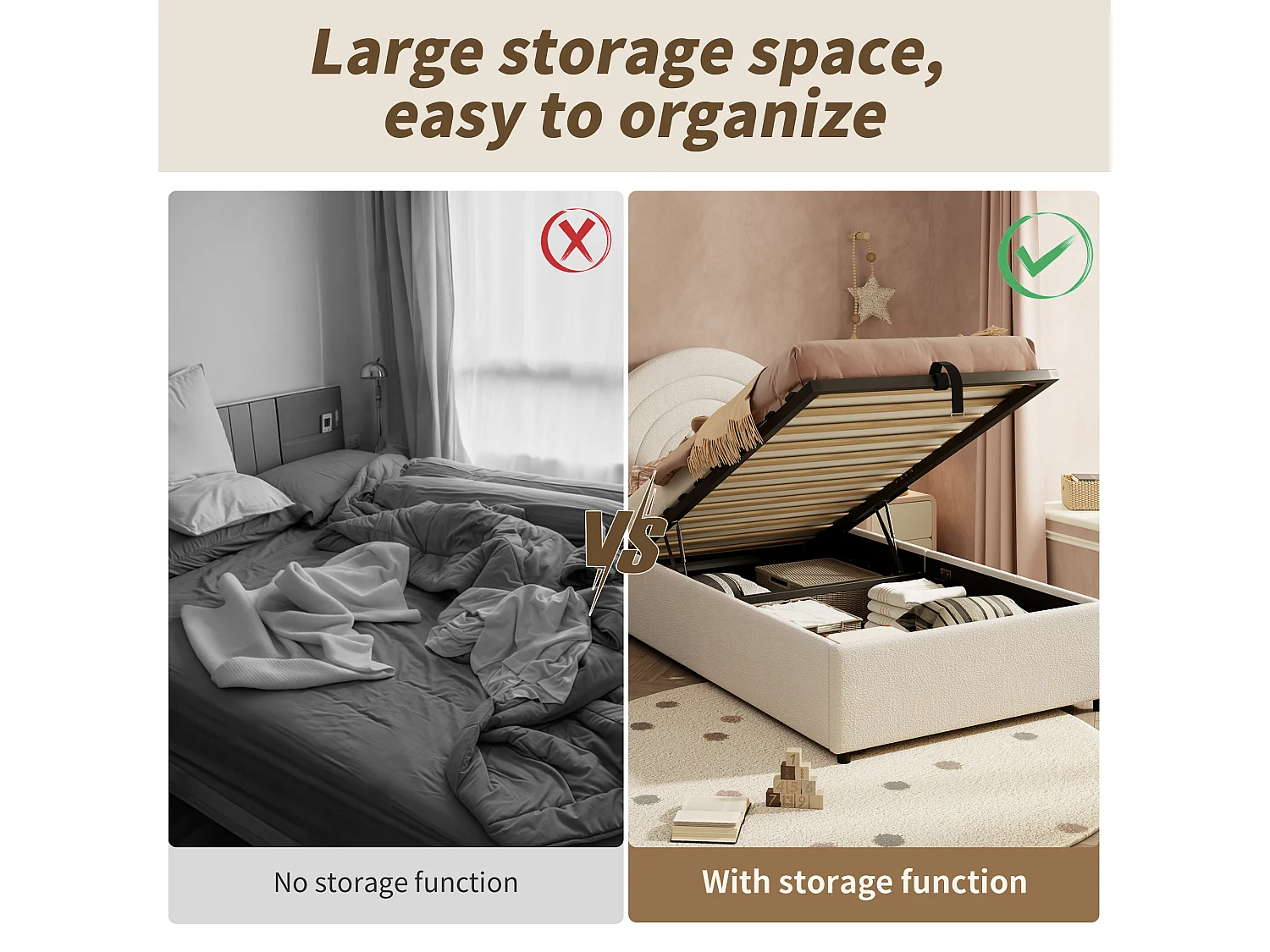 Children's Storage Bed 90x200cm - Rainbow Headboard - Bouclé Velvet - Beige (Mattress not included)
