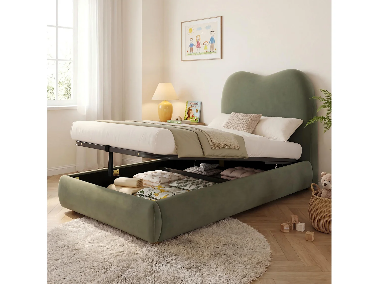 Children's storage bed 90x200 cm - with upholstered headboard - Velvet upholstery - Green (mattress not included)