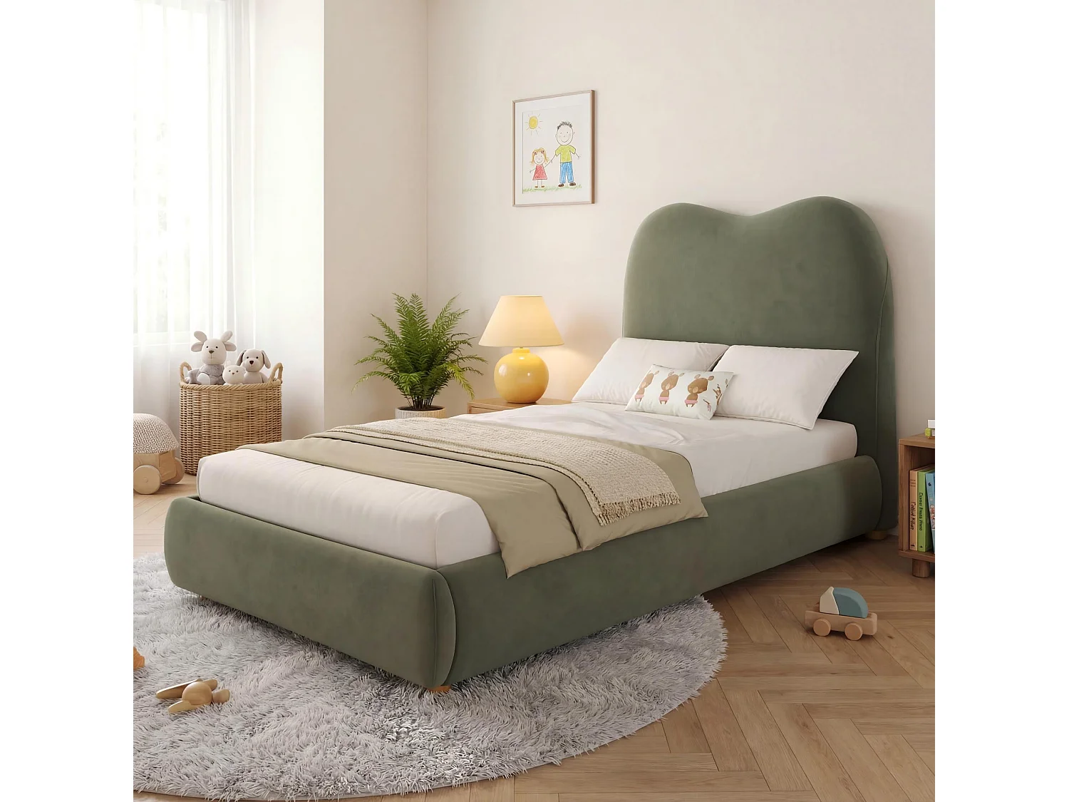 Children's storage bed 90x200 cm - with upholstered headboard - Velvet upholstery - Green (mattress not included)