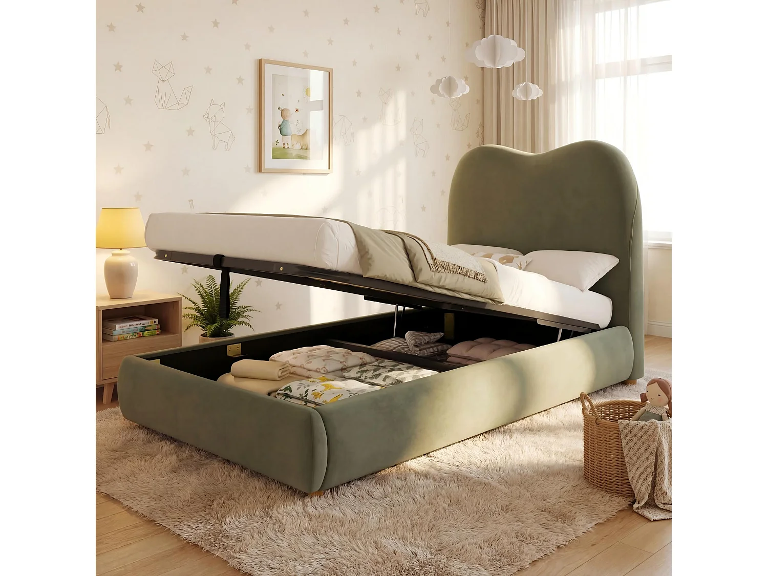 Children's storage bed 90x200 cm - with upholstered headboard - Velvet upholstery - Green (mattress not included)