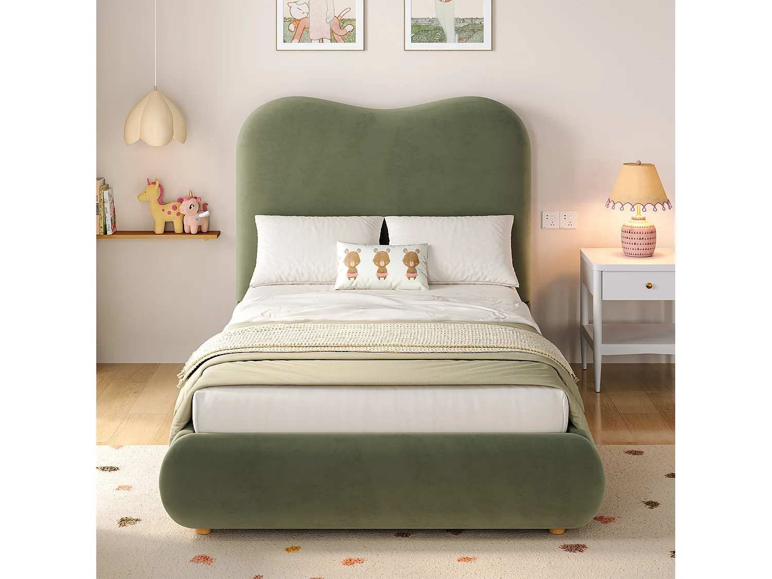 Children's storage bed 90x200 cm - with upholstered headboard - Velvet upholstery - Green (mattress not included)