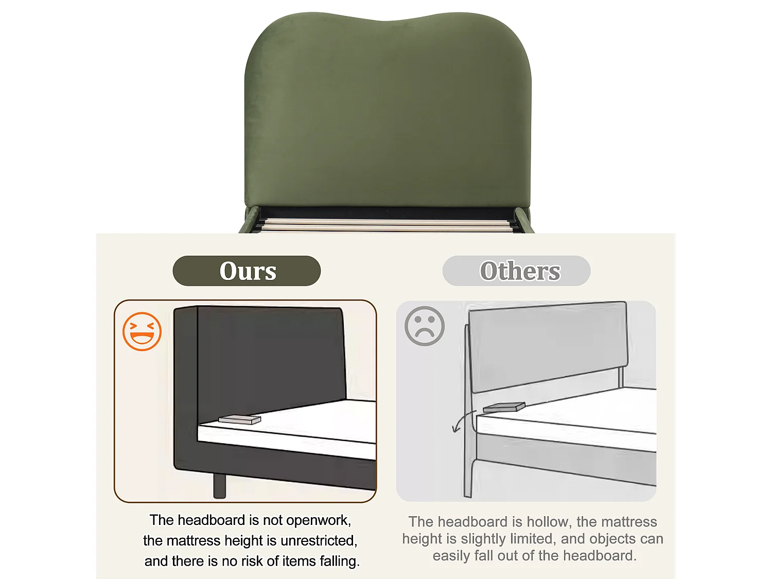 Children's storage bed 90x200 cm - with upholstered headboard - Velvet upholstery - Green (mattress not included)