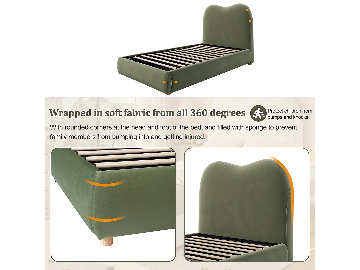 Children's storage bed 90x200 cm - with upholstered headboard - Velvet upholstery - Green (mattress not included)