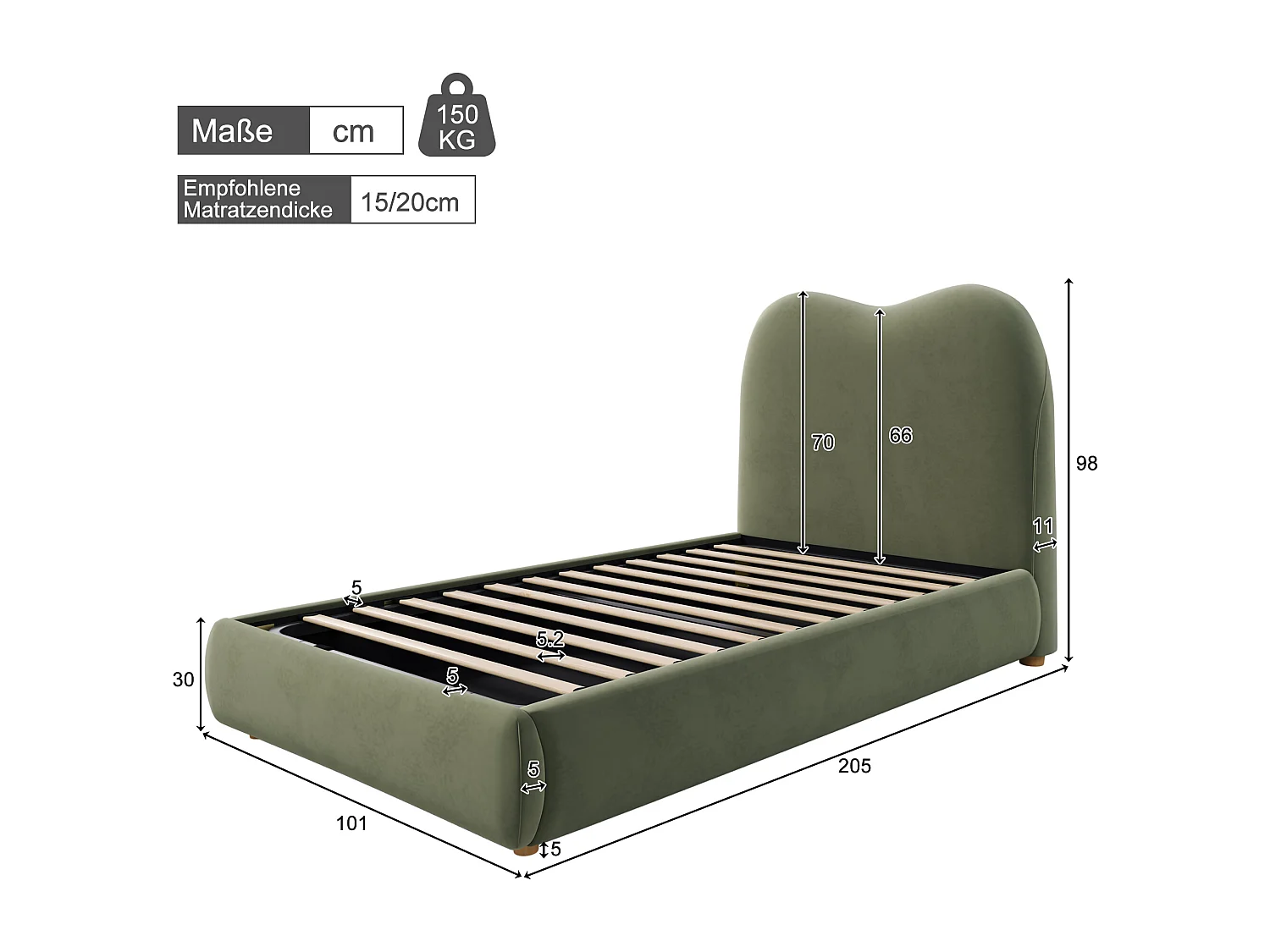 Children's storage bed 90x200 cm - with upholstered headboard - Velvet upholstery - Green (mattress not included)