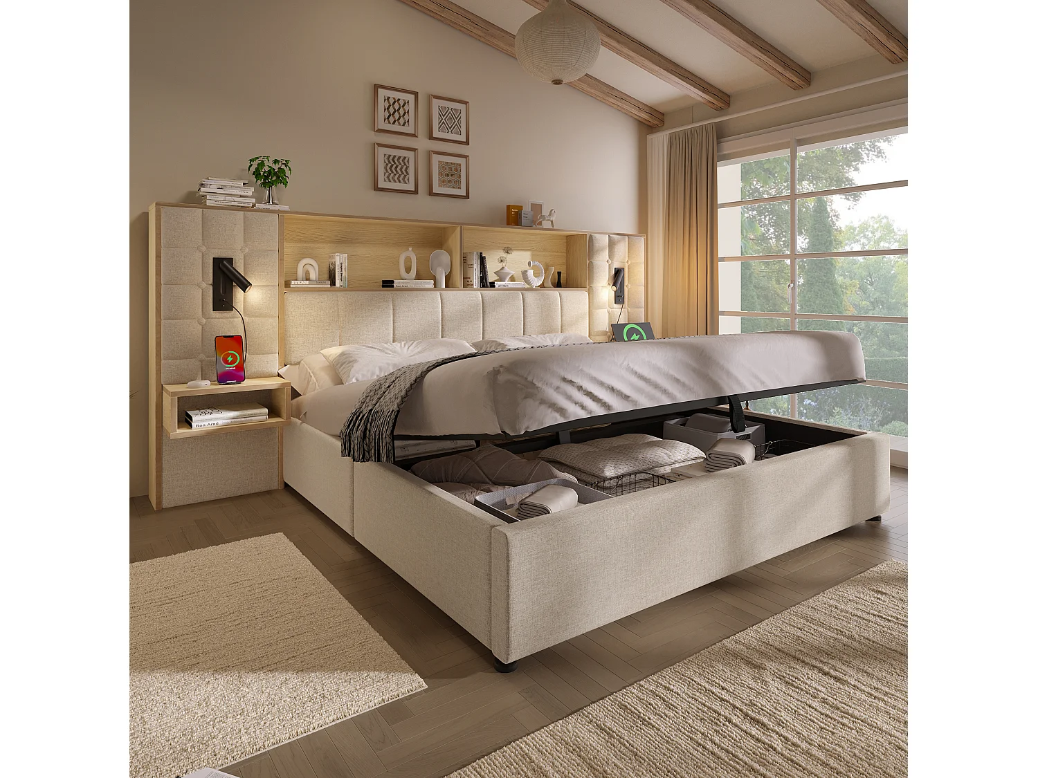 Polsterbett mit Stauraum 180x200 cm - mit LED-Beleuchtung und 2 Leselampen - 2 Nachttische - USB Type-C Ladeanschluss - Leinenstoff - Beige