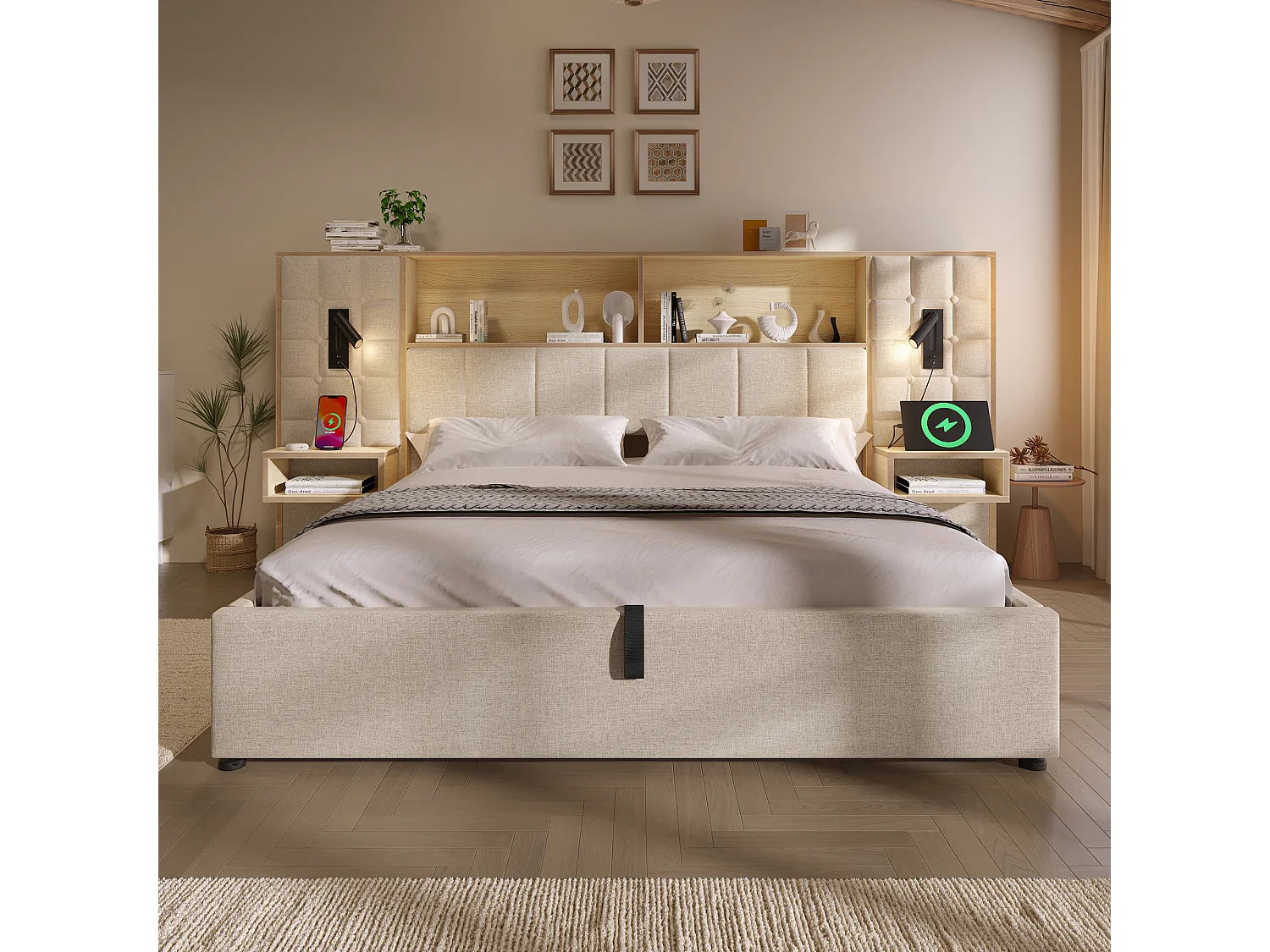Polsterbett mit Stauraum 180x200 cm - mit LED-Beleuchtung und 2 Leselampen - 2 Nachttische - USB Type-C Ladeanschluss - Leinenstoff - Beige