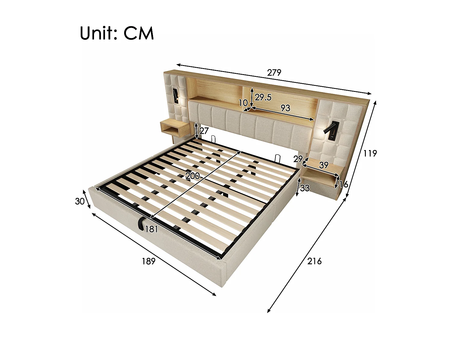 Polsterbett mit Stauraum 180x200 cm - mit LED-Beleuchtung und 2 Leselampen - 2 Nachttische - USB Type-C Ladeanschluss - Leinenstoff - Beige