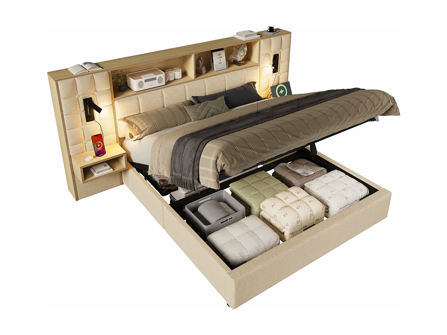 Polsterbett mit Stauraum 180x200 cm - mit LED-Beleuchtung und 2 Leselampen - 2 Nachttische - USB Type-C Ladeanschluss - Leinenstoff - Beige