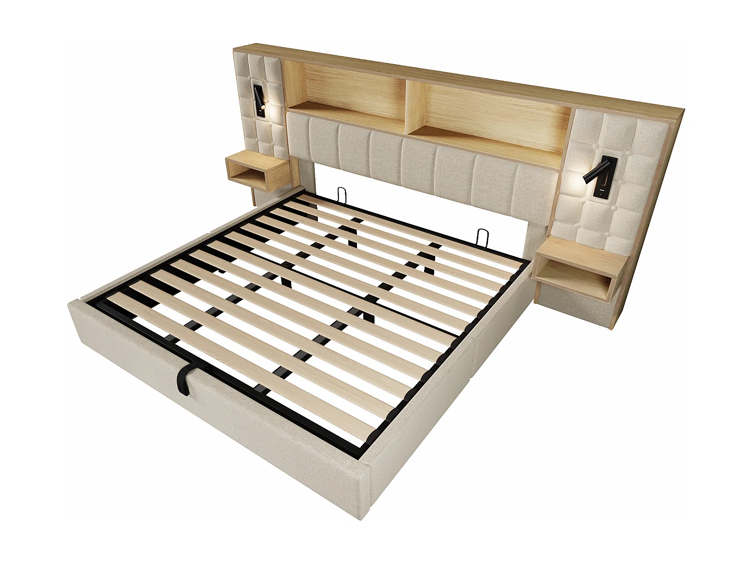 Polsterbett mit Stauraum 180x200 cm - mit LED-Beleuchtung und 2 Leselampen - 2 Nachttische - USB Type-C Ladeanschluss - Leinenstoff - Beige