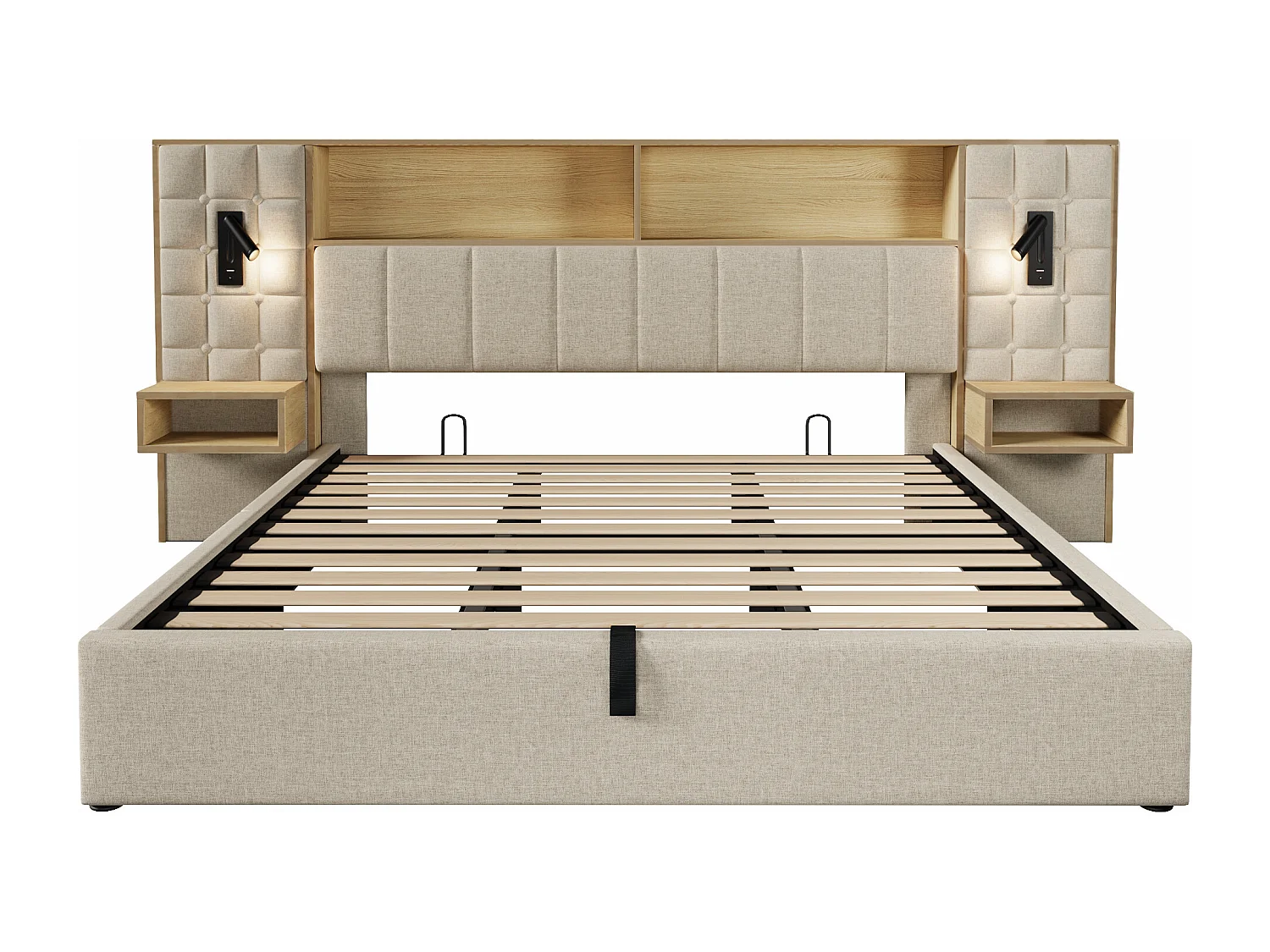 Polsterbett mit Stauraum 180x200 cm - mit LED-Beleuchtung und 2 Leselampen - 2 Nachttische - USB Type-C Ladeanschluss - Leinenstoff - Beige