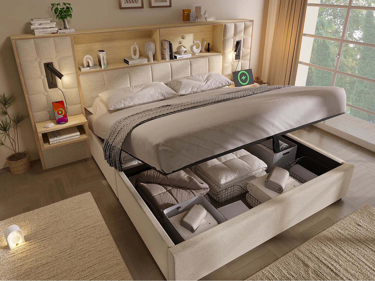 Polsterbett mit Stauraum 180x200 cm - mit LED-Beleuchtung und 2 Leselampen - 2 Nachttische - USB Type-C Ladeanschluss - Leinenstoff - Beige