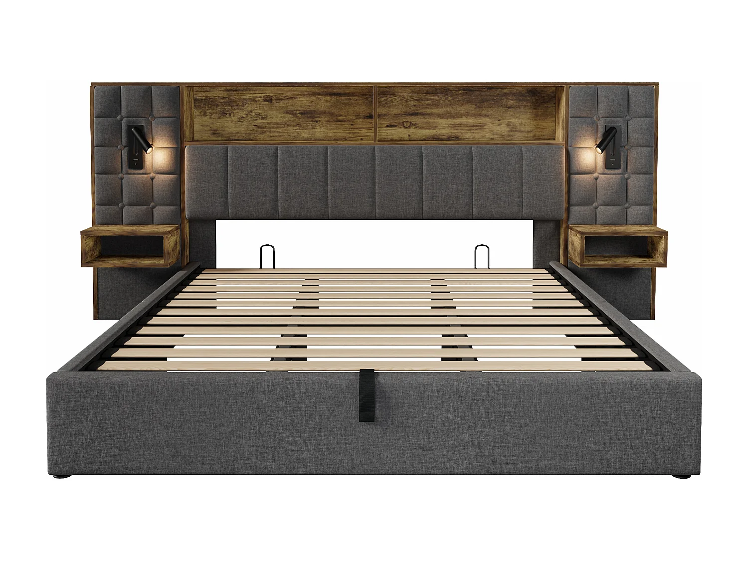 Polstret seng med opbevaring 180x200 cm - med LED-belysning - 2 natborde - USB Type-C opladningsport - linnedstof - grå