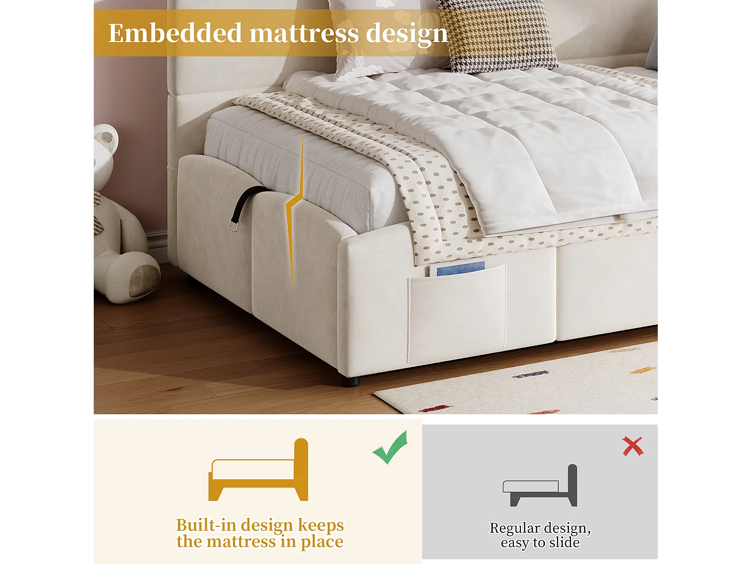 Children's Sofa Bed 90x200 cm - Storage Bed - with USB Ports - with Storage Pocket - Velvet - Beige (Mattress Not Included)