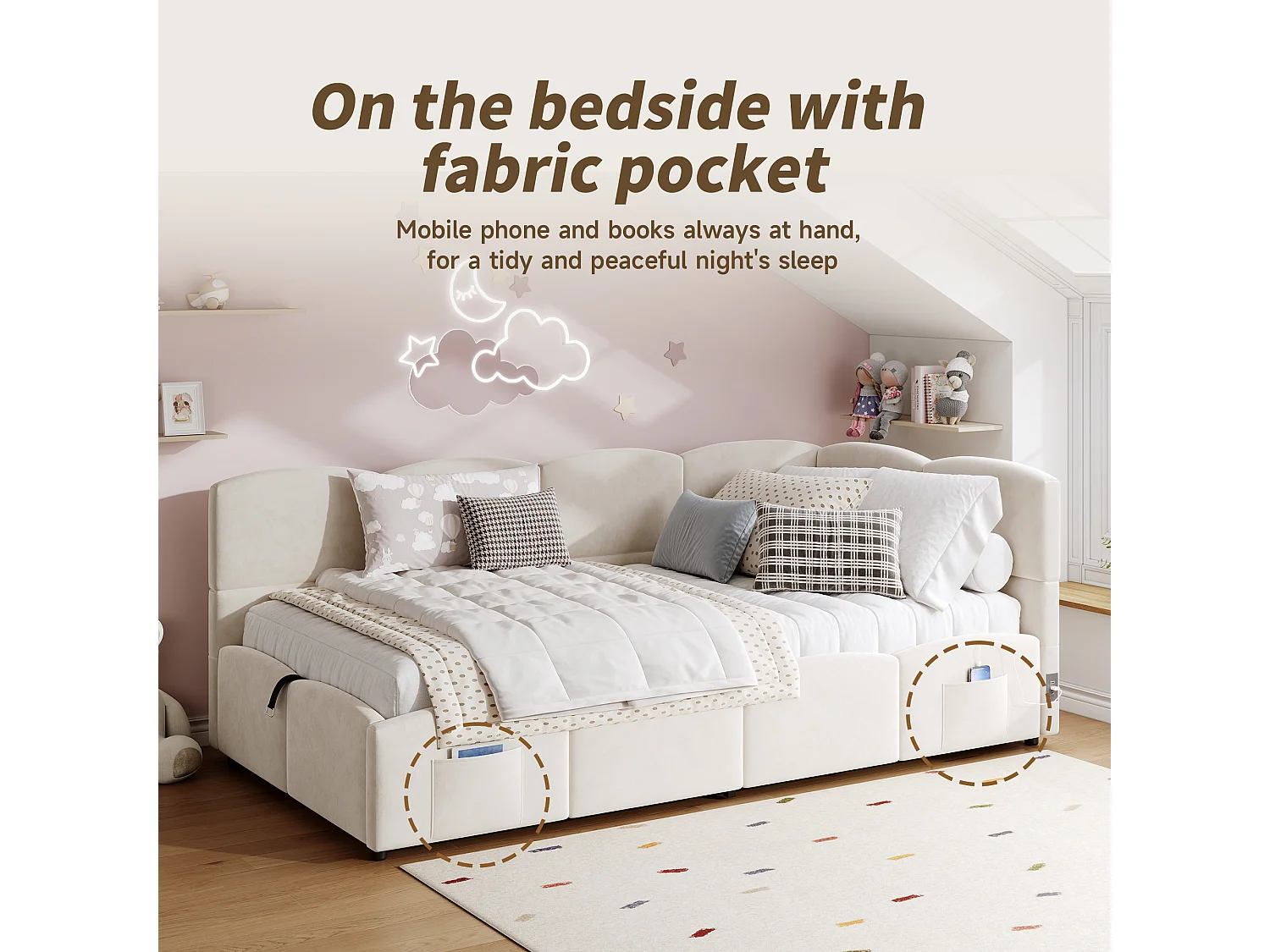 Children's Sofa Bed 90x200 cm - Storage Bed - with USB Ports - with Storage Pocket - Velvet - Beige (Mattress Not Included)