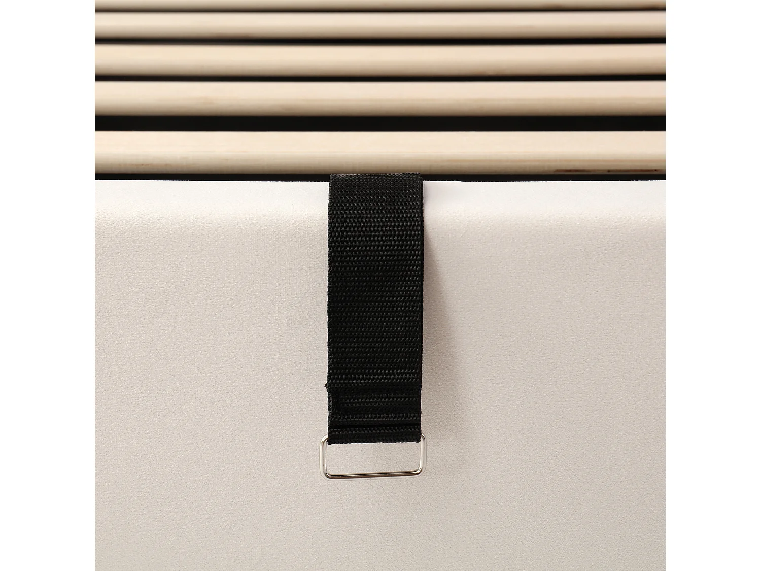 Børneseng med opbevaring 140x200 cm - polstret hovedgærde og lamelbund - fløjlsstof - beige (uden madras)
