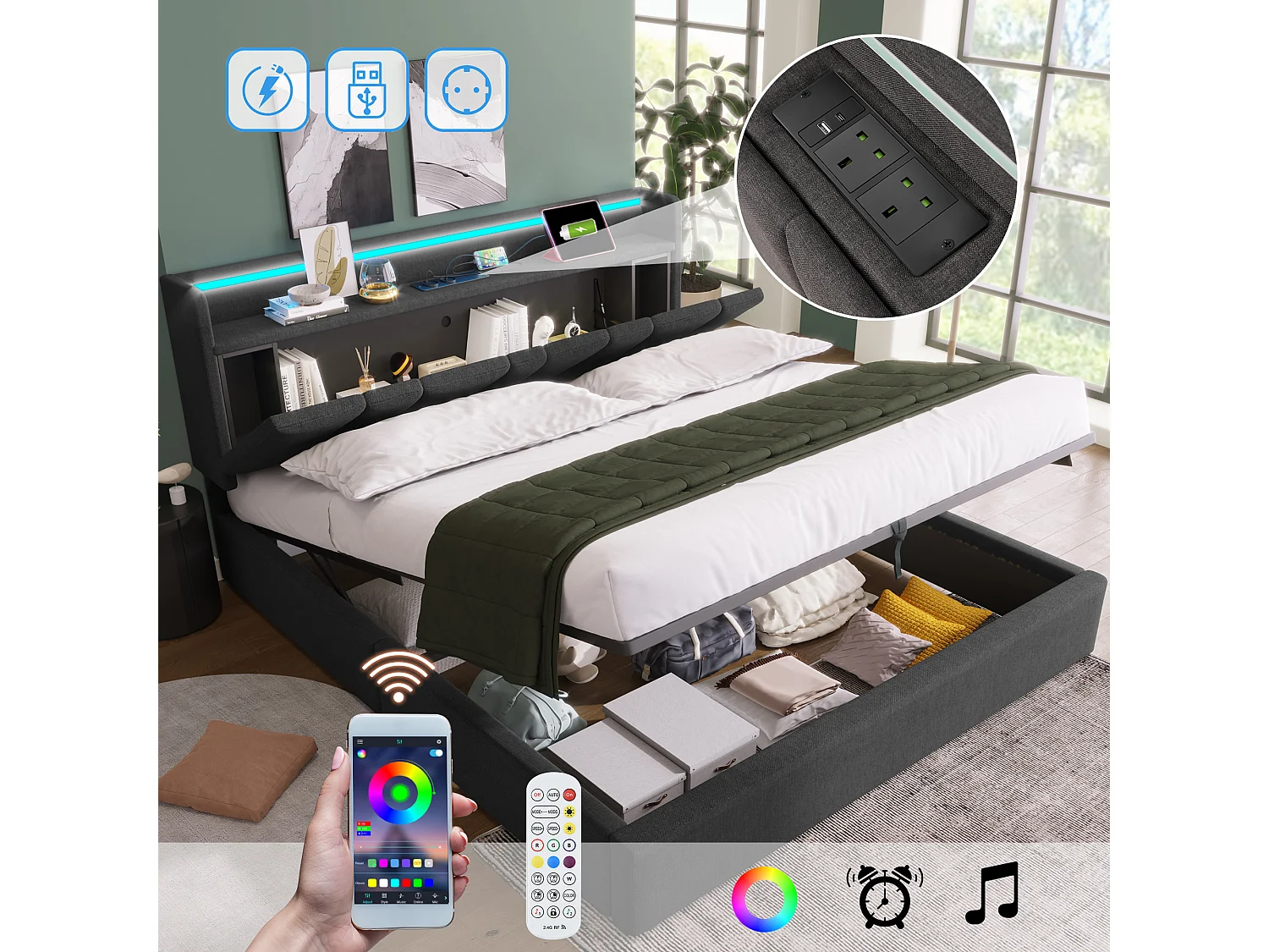 Storage bed 150x200cm - with LED and charging ports - Linen fabric - Grey