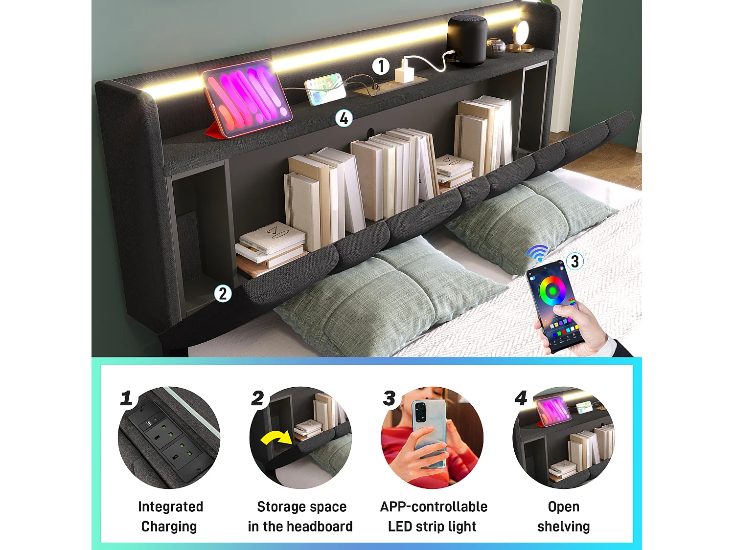 Storage bed 150x200cm - with LED and charging ports - Linen fabric - Grey