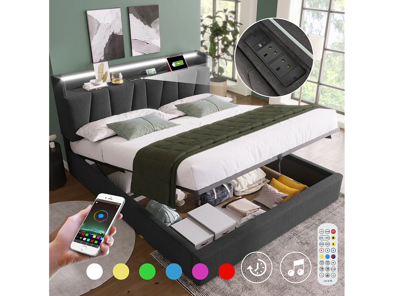 Storage bed 150x200cm - with LED and charging ports - Linen fabric - Grey