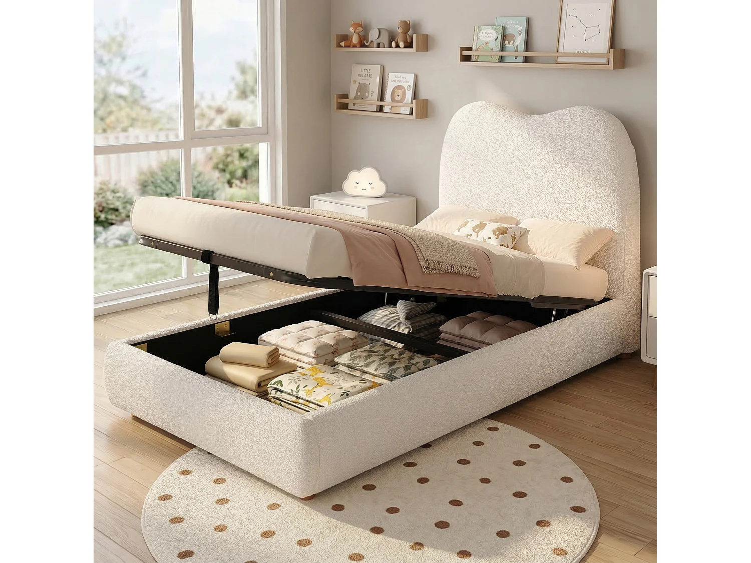 Children's storage bed 90x200 cm - with upholstered headboard - Velvet upholstery - Beige (mattress not included)