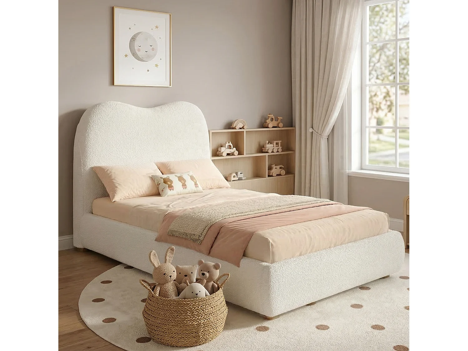 Children's storage bed 90x200 cm - with upholstered headboard - Velvet upholstery - Beige (mattress not included)