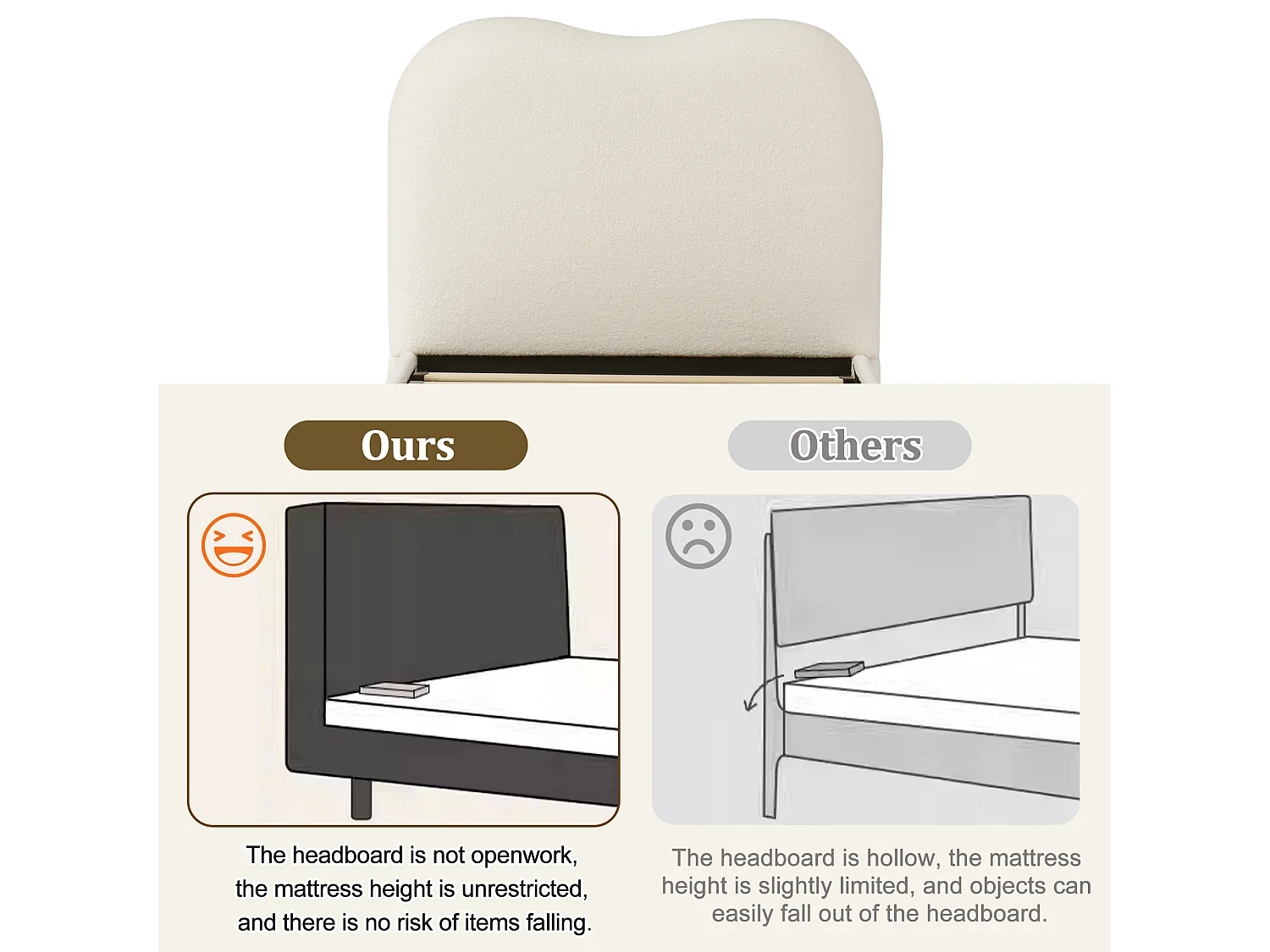 Children's storage bed 90x200 cm - with upholstered headboard - Velvet upholstery - Beige (mattress not included)