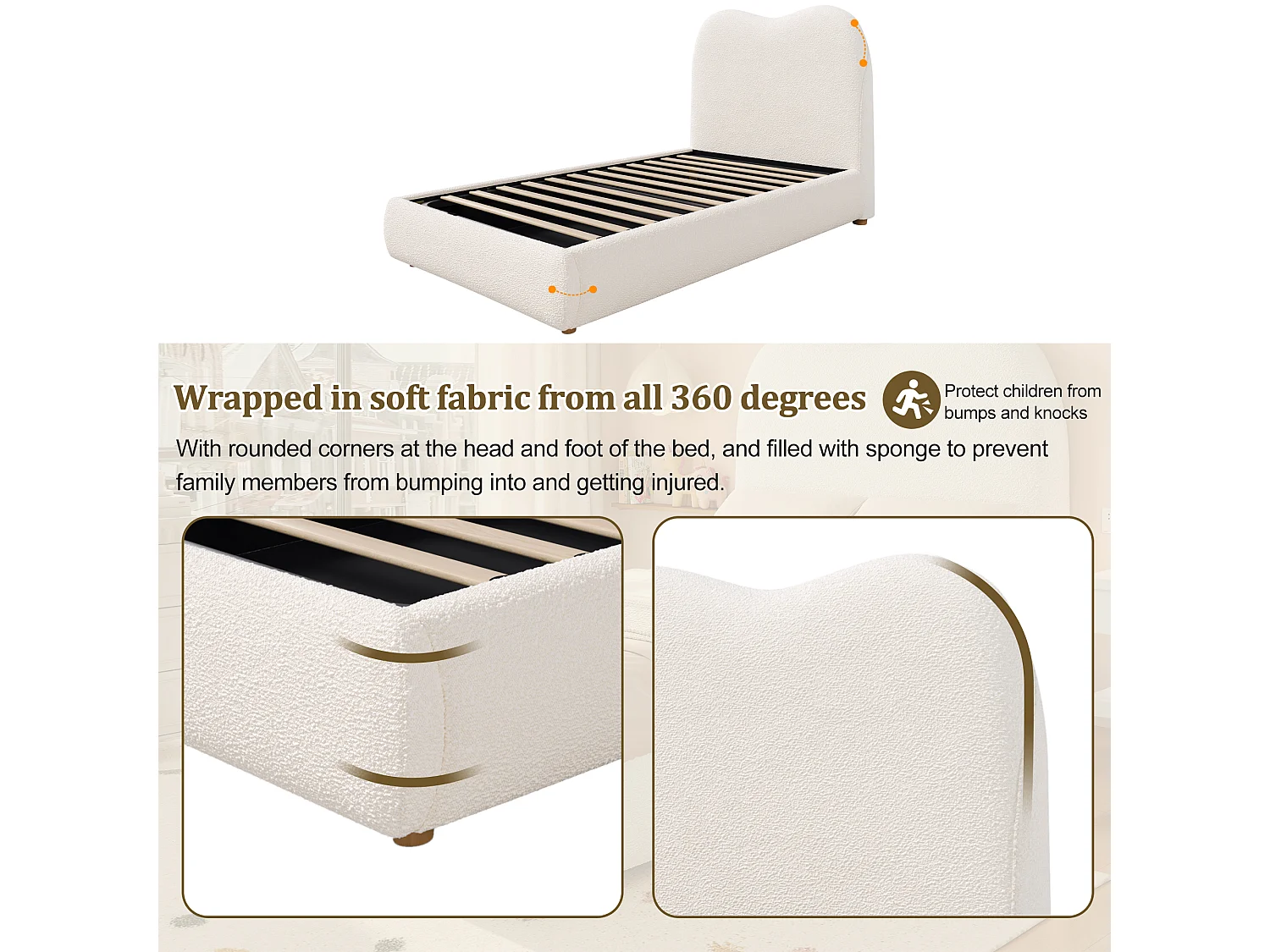 Children's storage bed 90x200 cm - with upholstered headboard - Velvet upholstery - Beige (mattress not included)