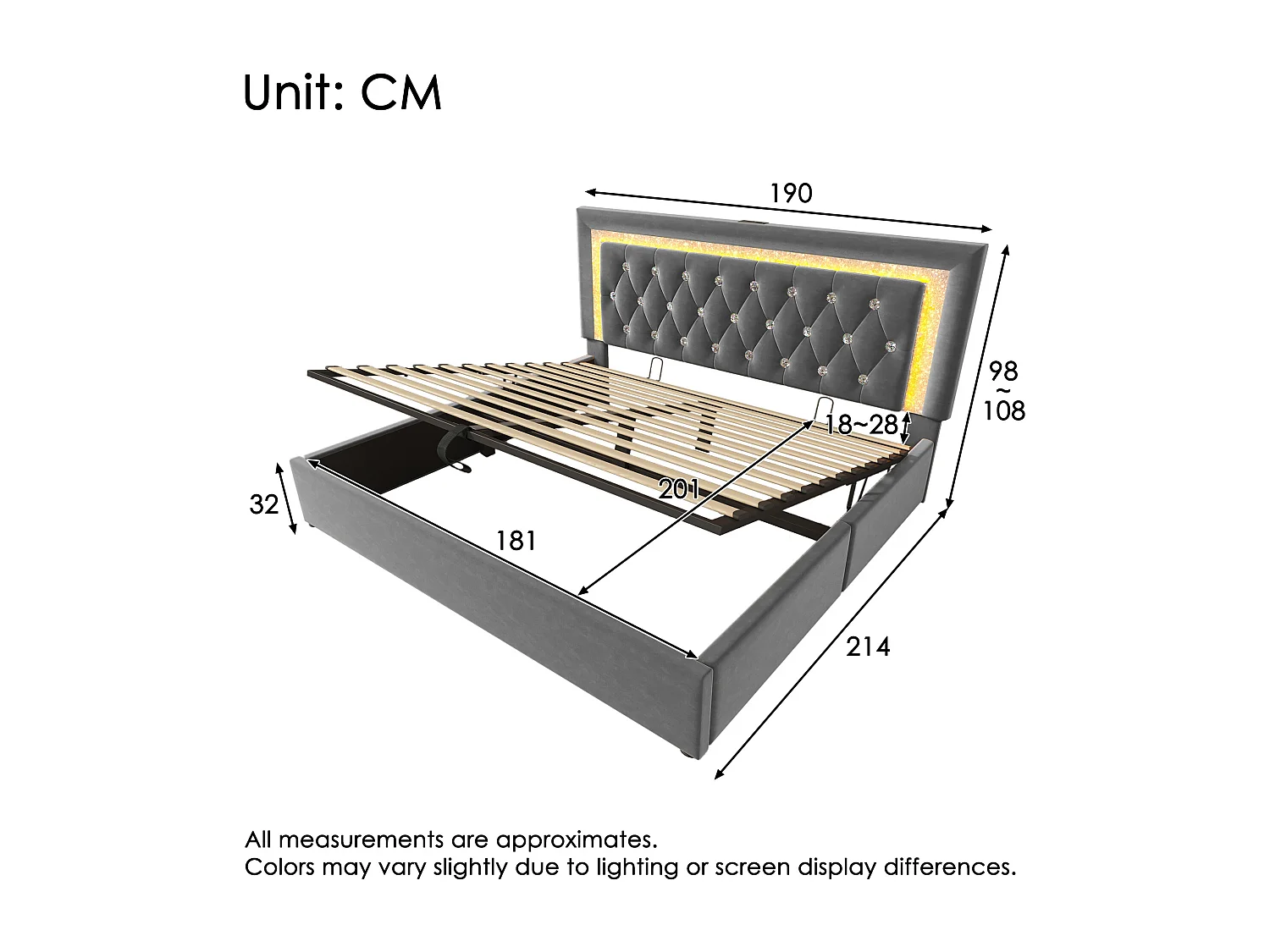 Upholstered storage bed 180x200cm in velvet - with LED lighting - with USB and Type-C ports - with slatted base - Grey (mattress not included)