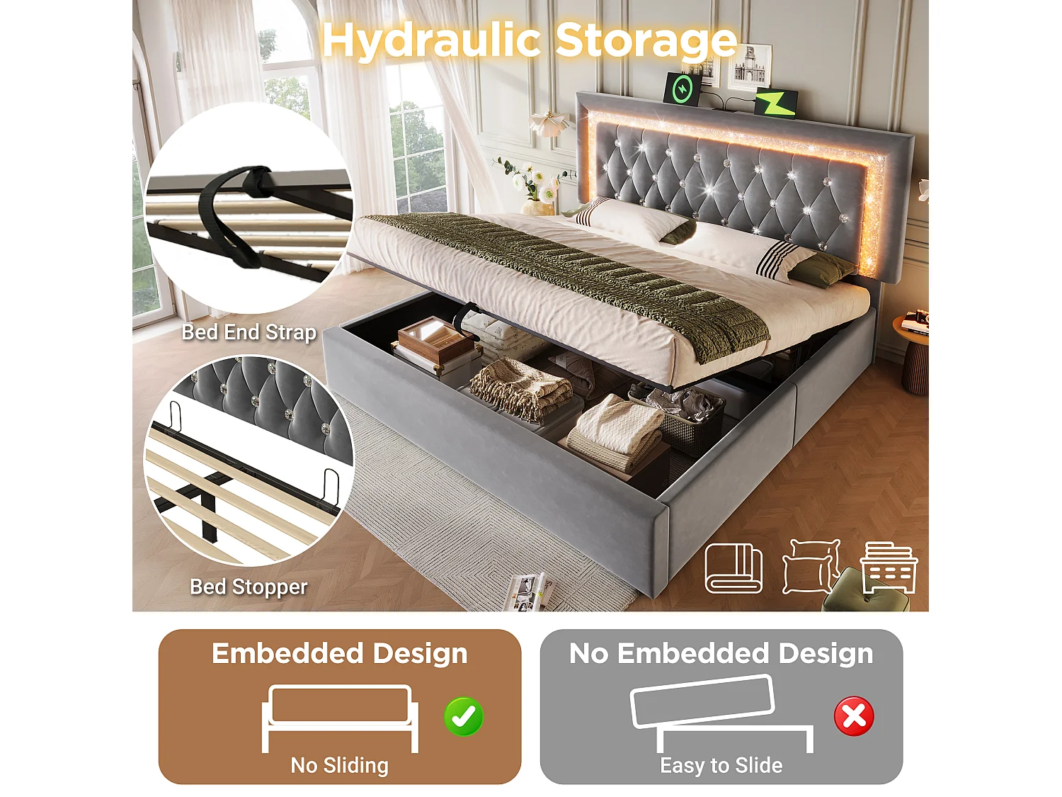 Upholstered storage bed 180x200cm in velvet - with LED lighting - with USB and Type-C ports - with slatted base - Grey (mattress not included)