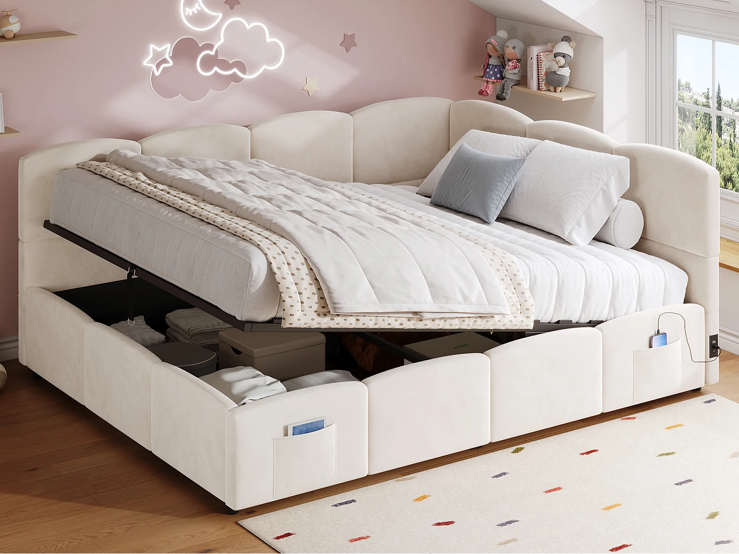 Polstret seng med opbevaring 140x200 cm - med USB-port og opbevaringslomme - fløjlsstof - lamelbund - beige (uden madras)