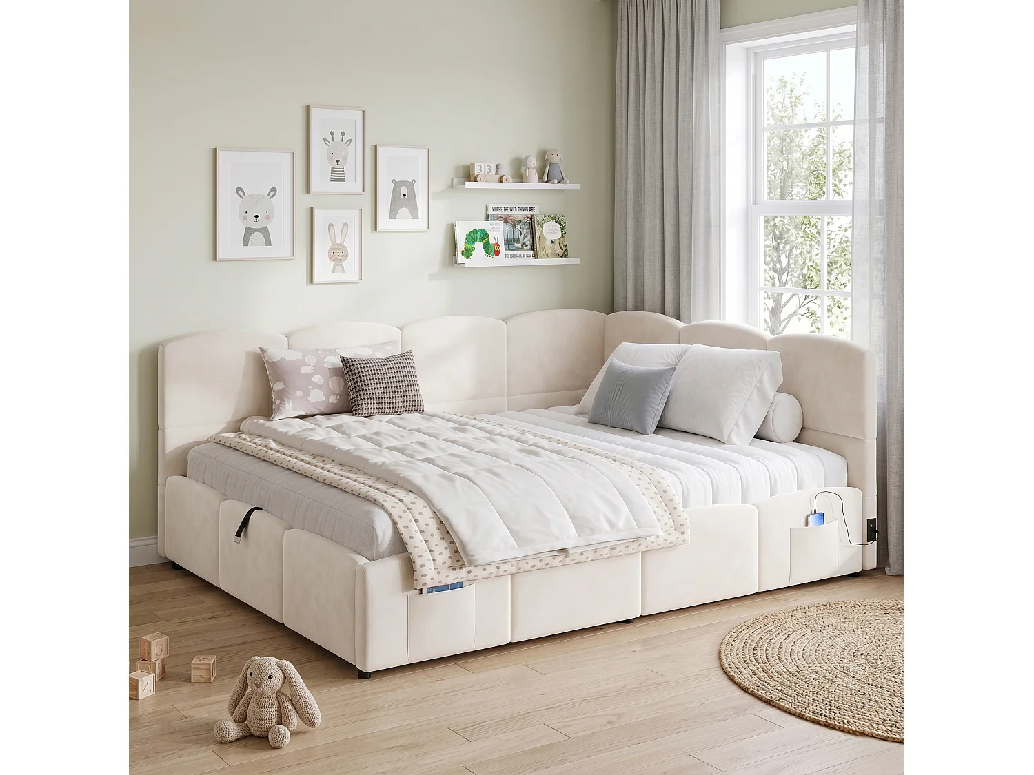 Polstret seng med opbevaring 140x200 cm - med USB-port og opbevaringslomme - fløjlsstof - lamelbund - beige (uden madras)