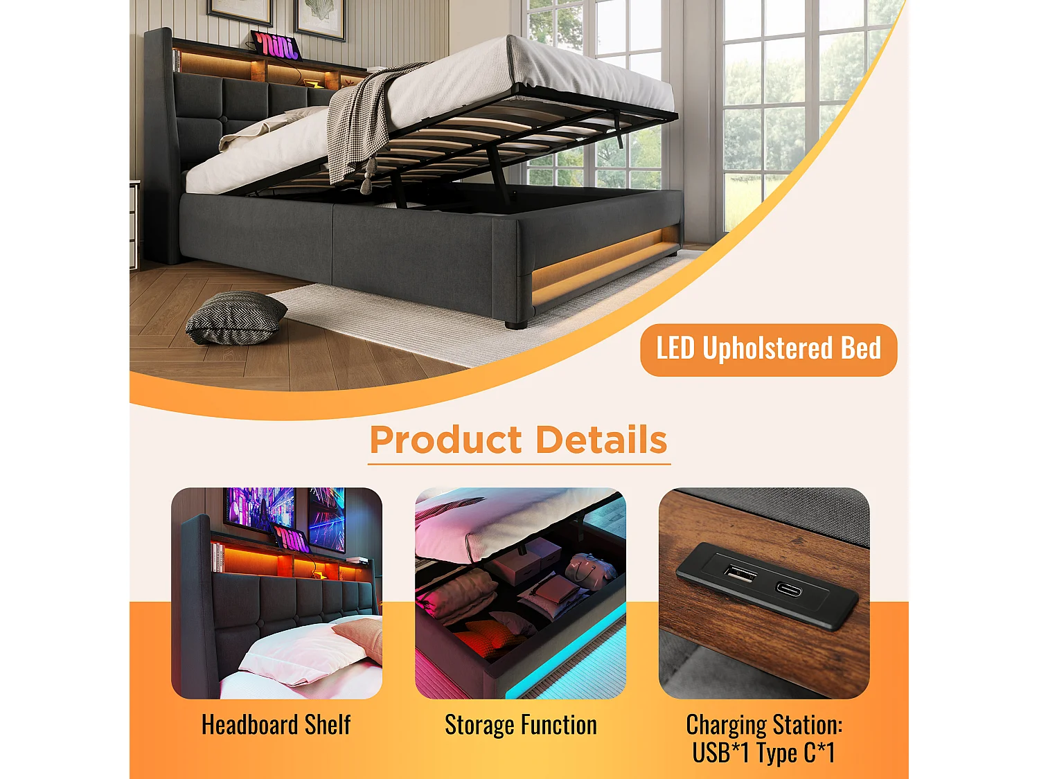 Linen storage bed 150x200cm with LED and USB ports - slatted base - grey