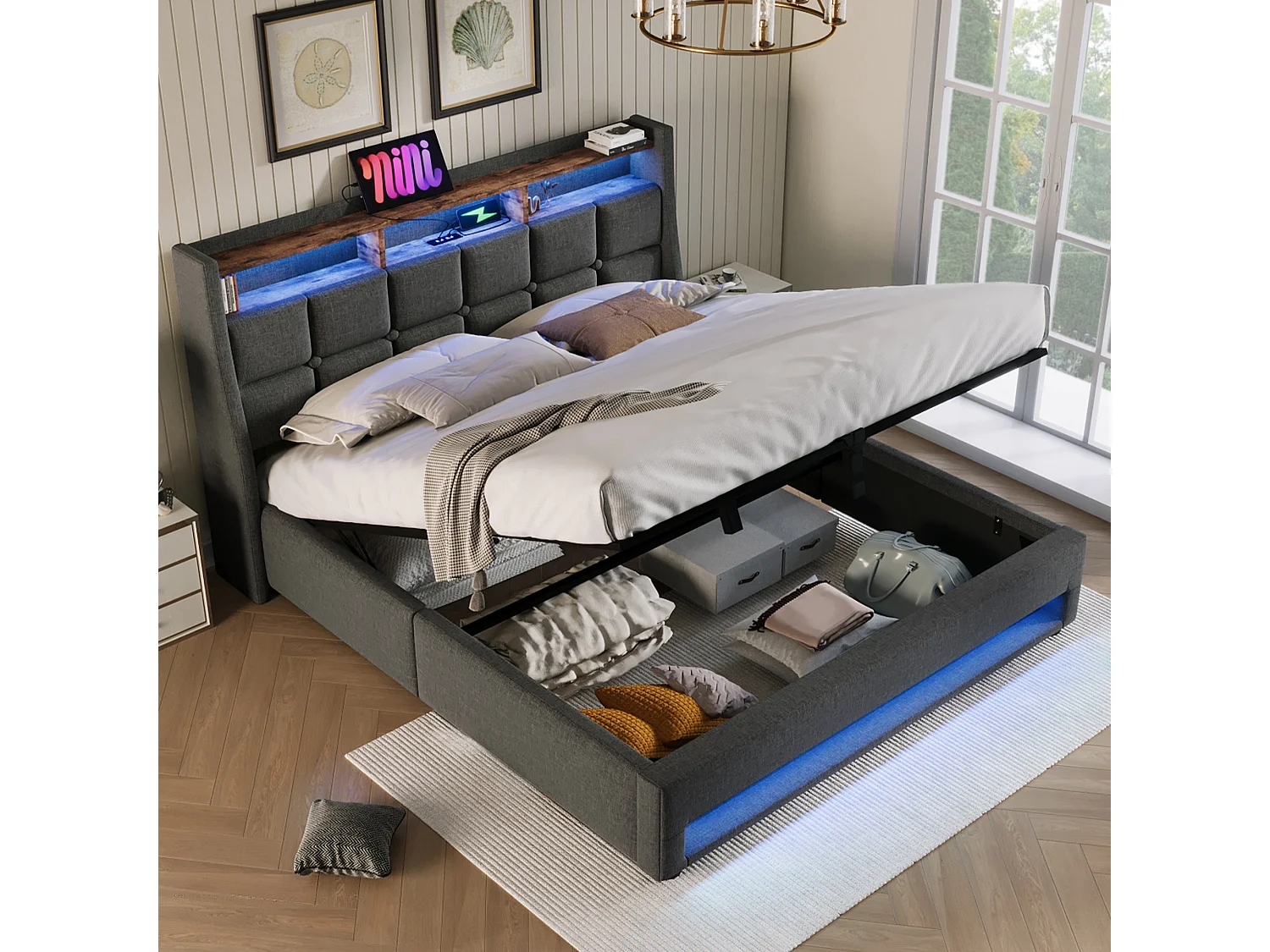 Linen storage bed 150x200cm with LED and USB ports - slatted base - grey