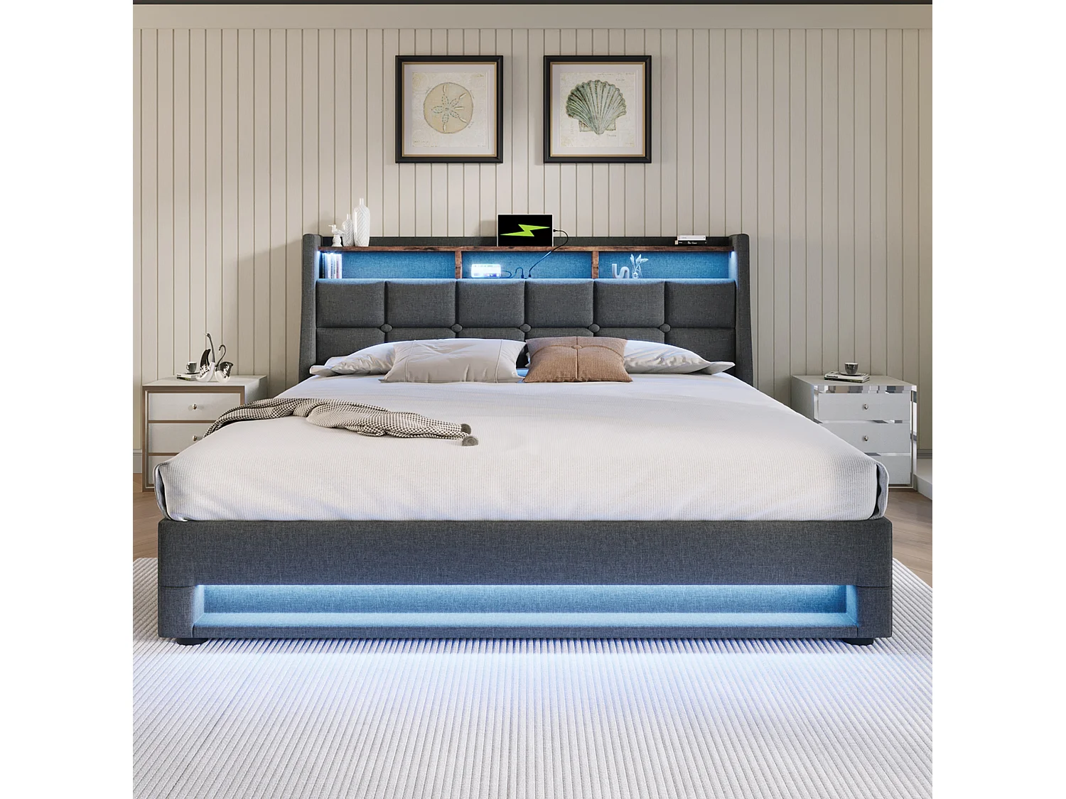 Linen storage bed 150x200cm with LED and USB ports - slatted base - grey
