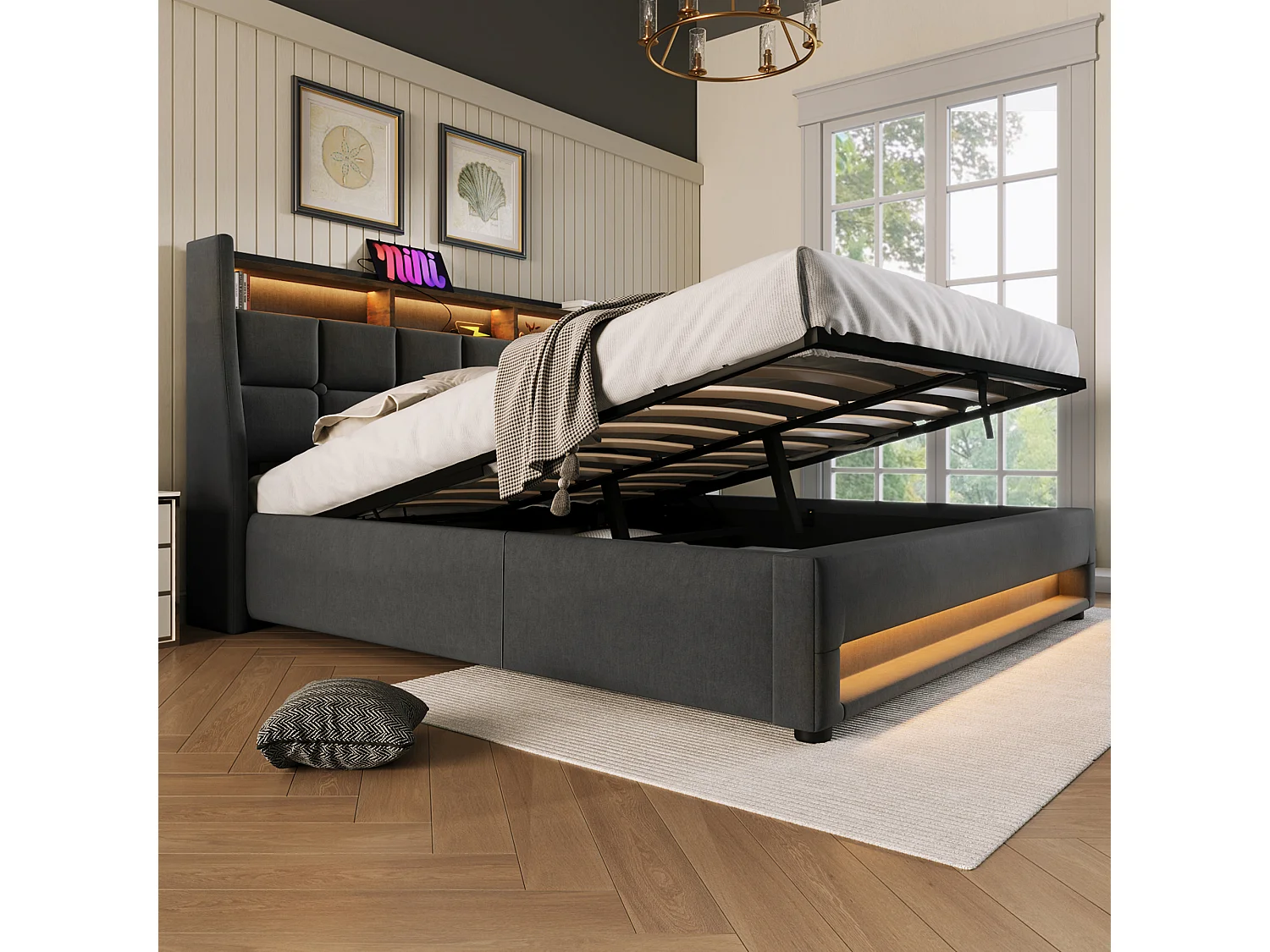 Linen storage bed 150x200cm with LED and USB ports - slatted base - grey