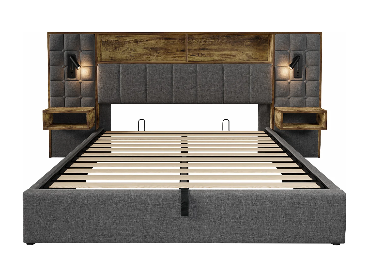 Polstret seng med opbevaring 160x200 cm - med LED-belysning - 2 natborde - USB Type-C opladningsport - linnedstof - grå