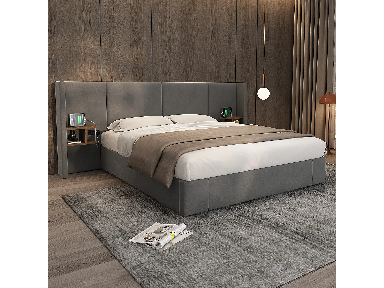 160x200cm Velvet Storage Bed - with USB Port and 2 Bedside Tables - with Slatted Base - Beige