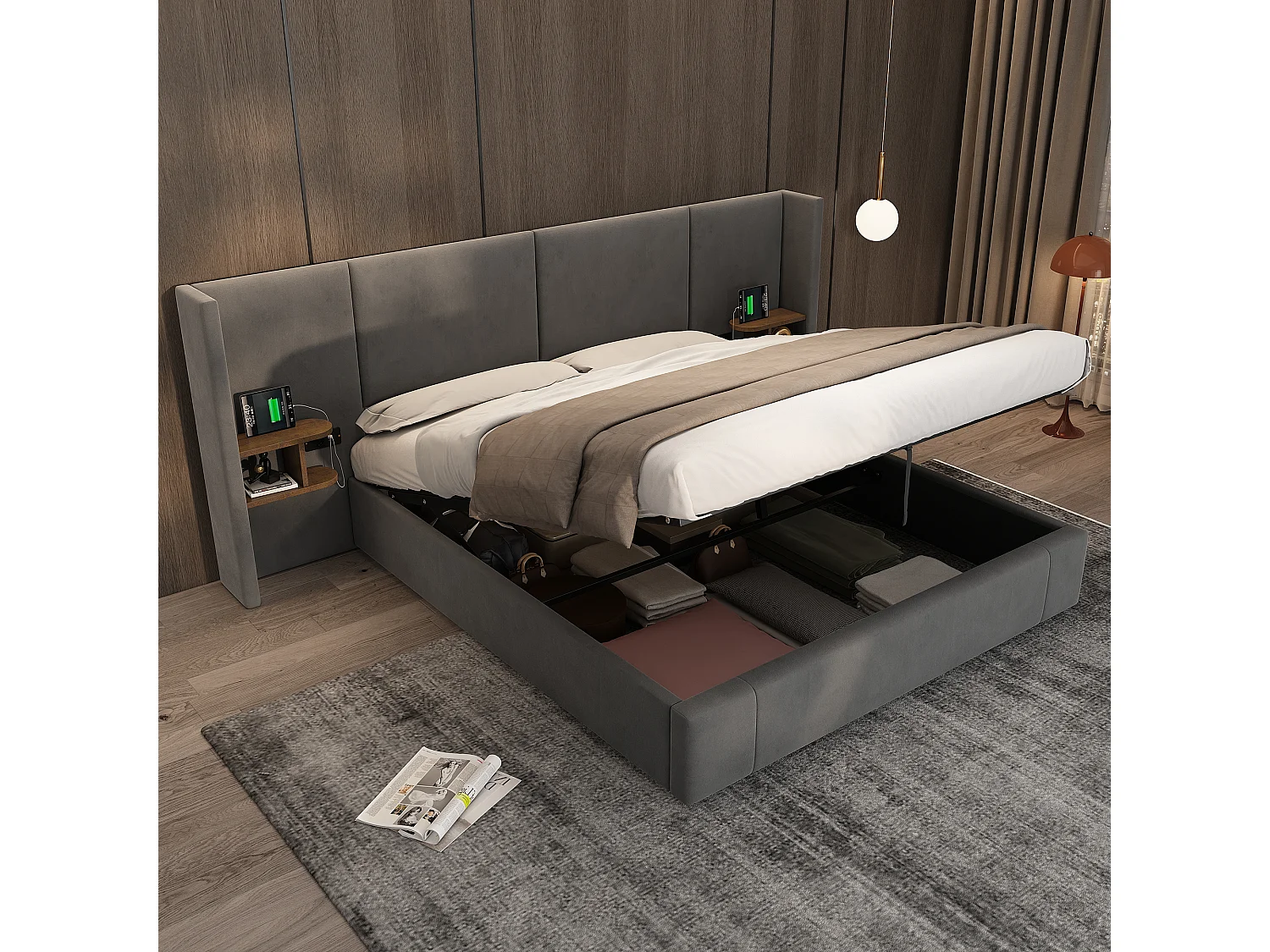 160x200cm Velvet Storage Bed - with USB Port and 2 Bedside Tables - with Slatted Base - Beige